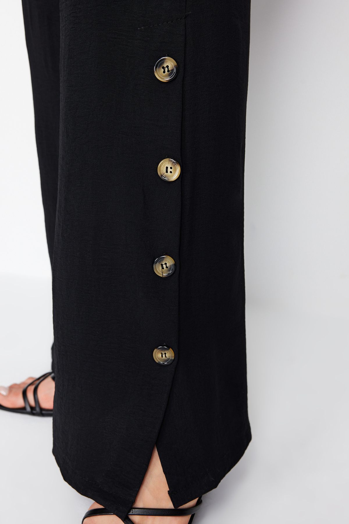 Trendyol Black Belted Snap Detailed Wide Leg Maxi Woven Jumpsuit