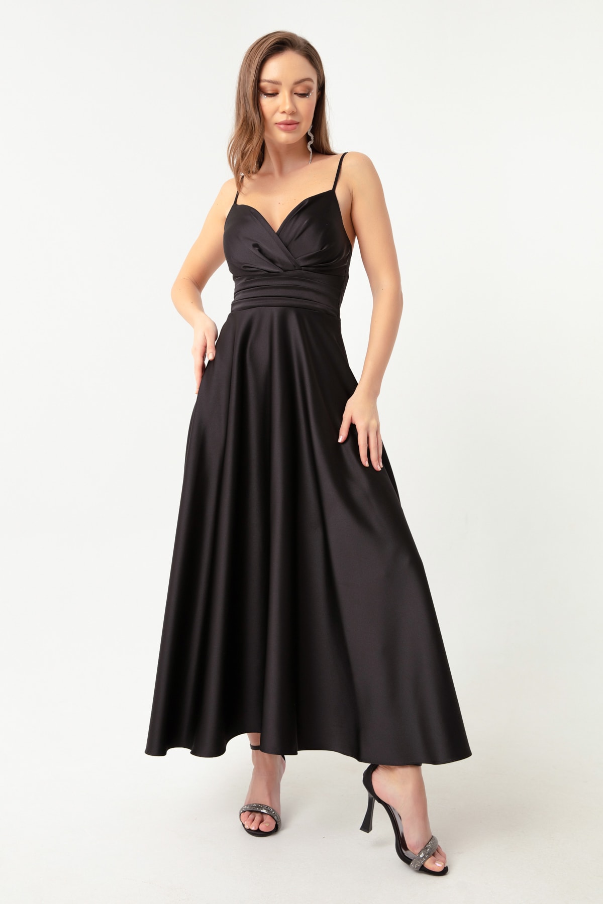 Lafaba Women's Black Satin Midi Evening Dress With Straps And Waist Belt &; Prom Dresses