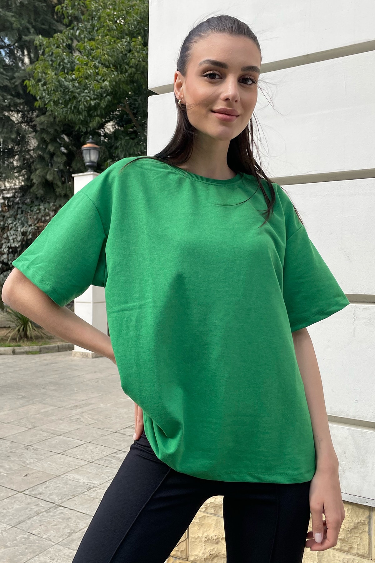 Trend Alaçatı Stili Women's Green Crew Neck Two Threads Oversized T-Shirt