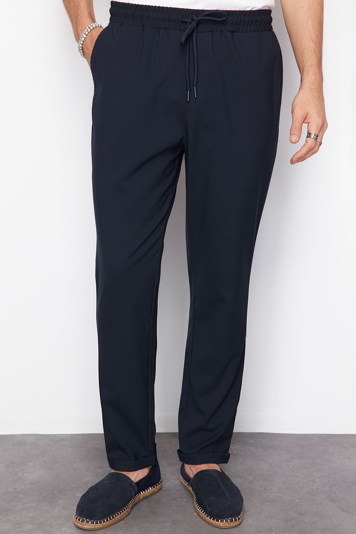 Trendyol Navy Blue Elastic Waist Slim Fit Fabric Trousers