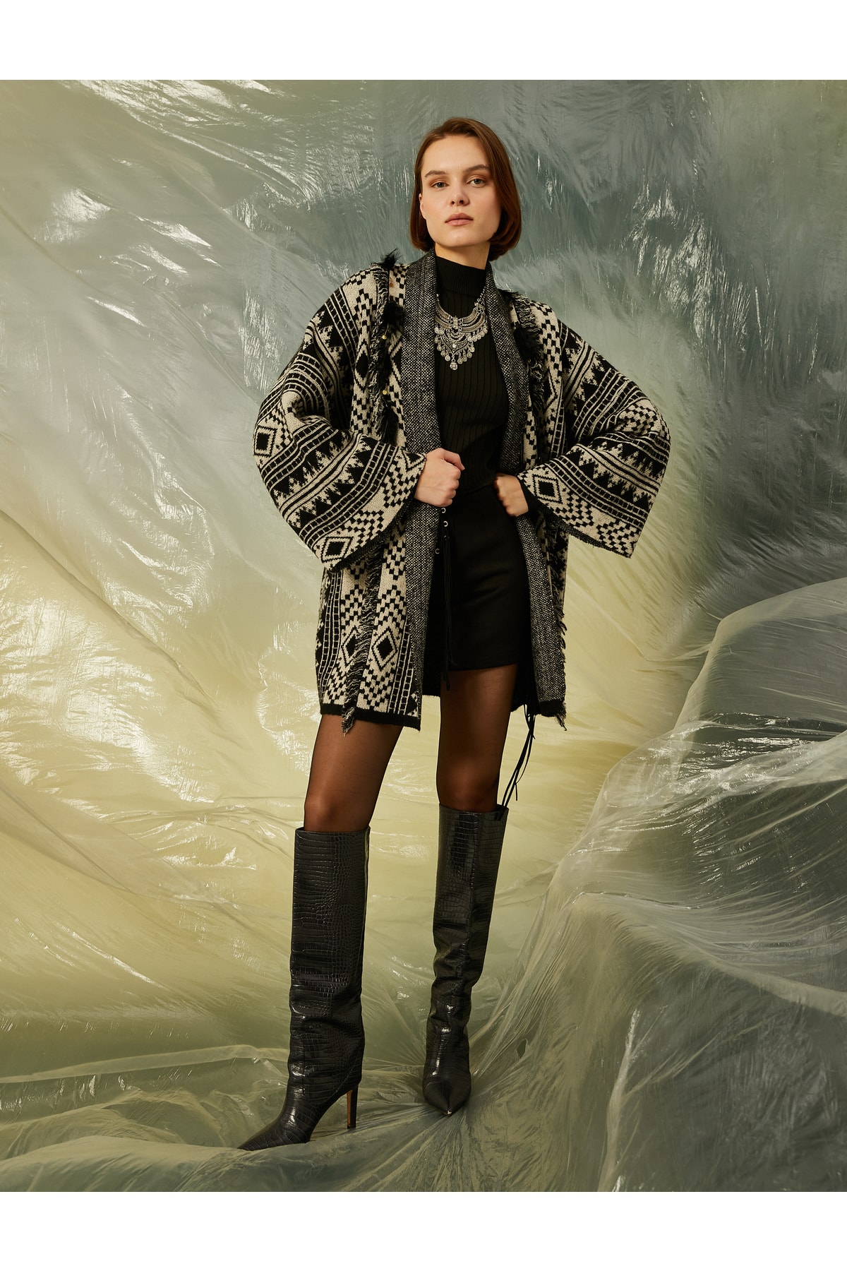 Koton Feather Detailed Belted Oversize Cardigan