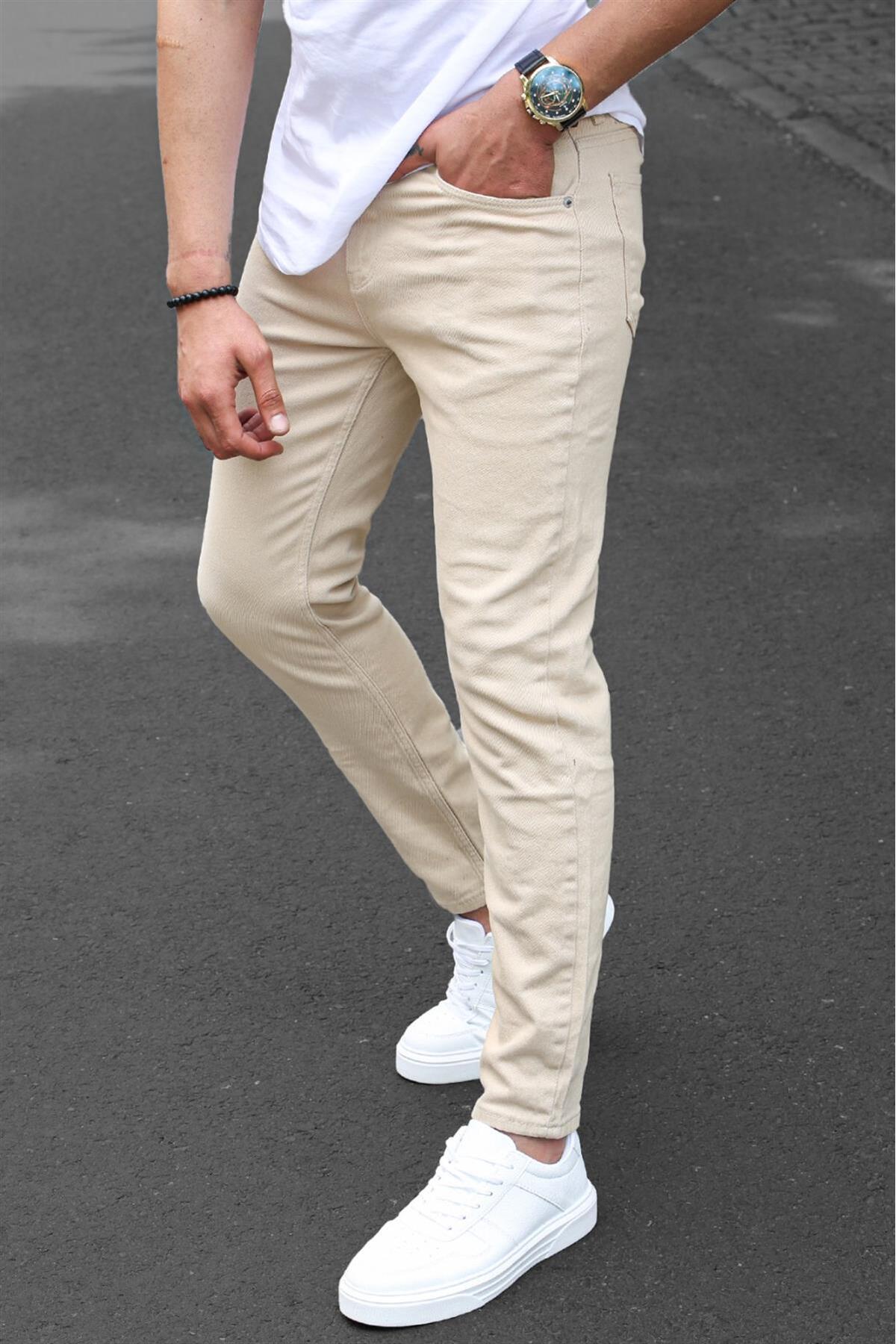 Levně Madmext Men's Beige Canvas Slim Fit Trousers