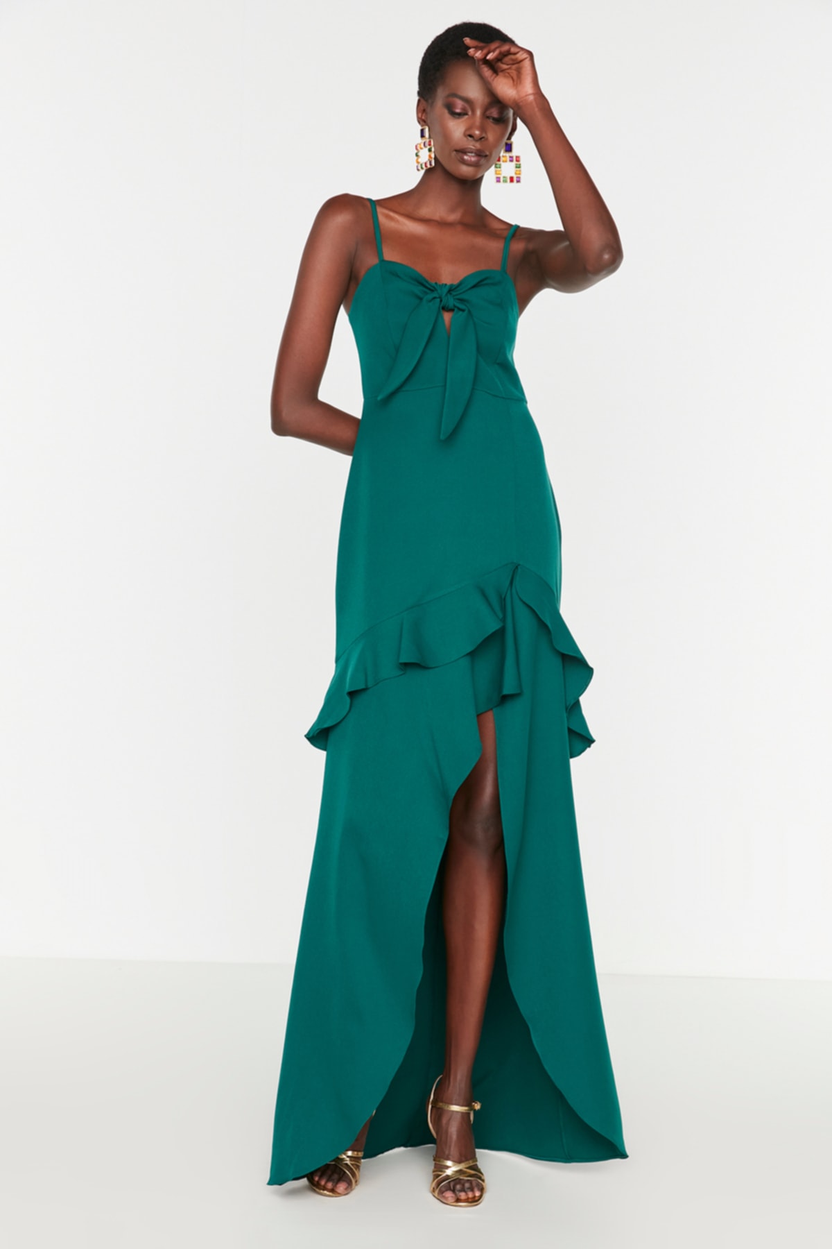 Trendyol Emerald Green Collar Detailed Evening Dress & Graduation Dress