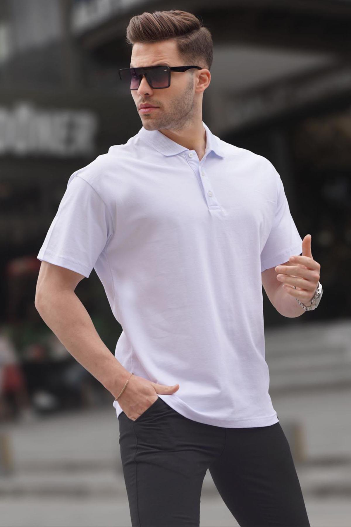 Levně Madmext Men's White Polo Neck Basic T-Shirt 6126