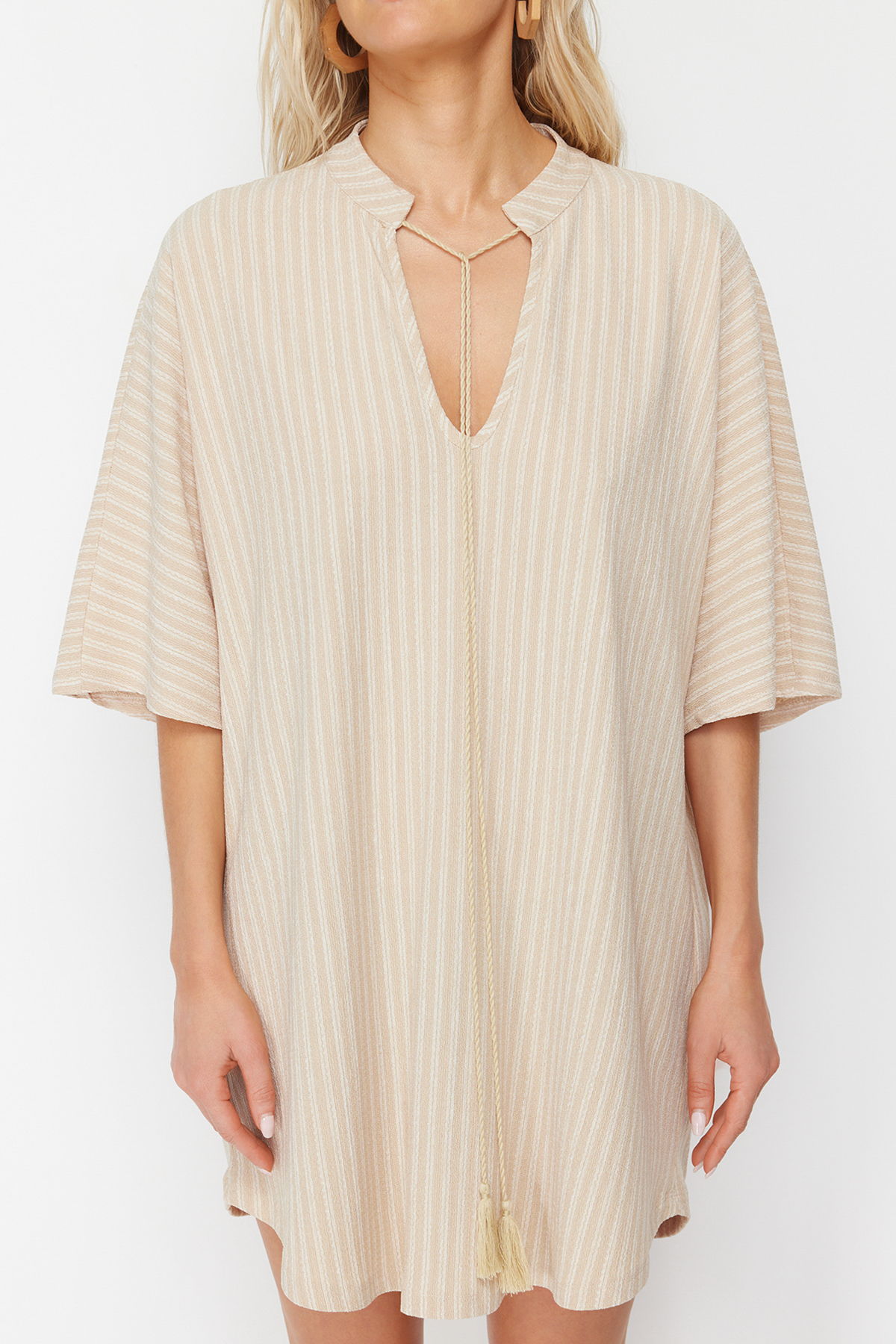 Trendyol Beige Wide Fit Mini Knitted Tied Beach Dress