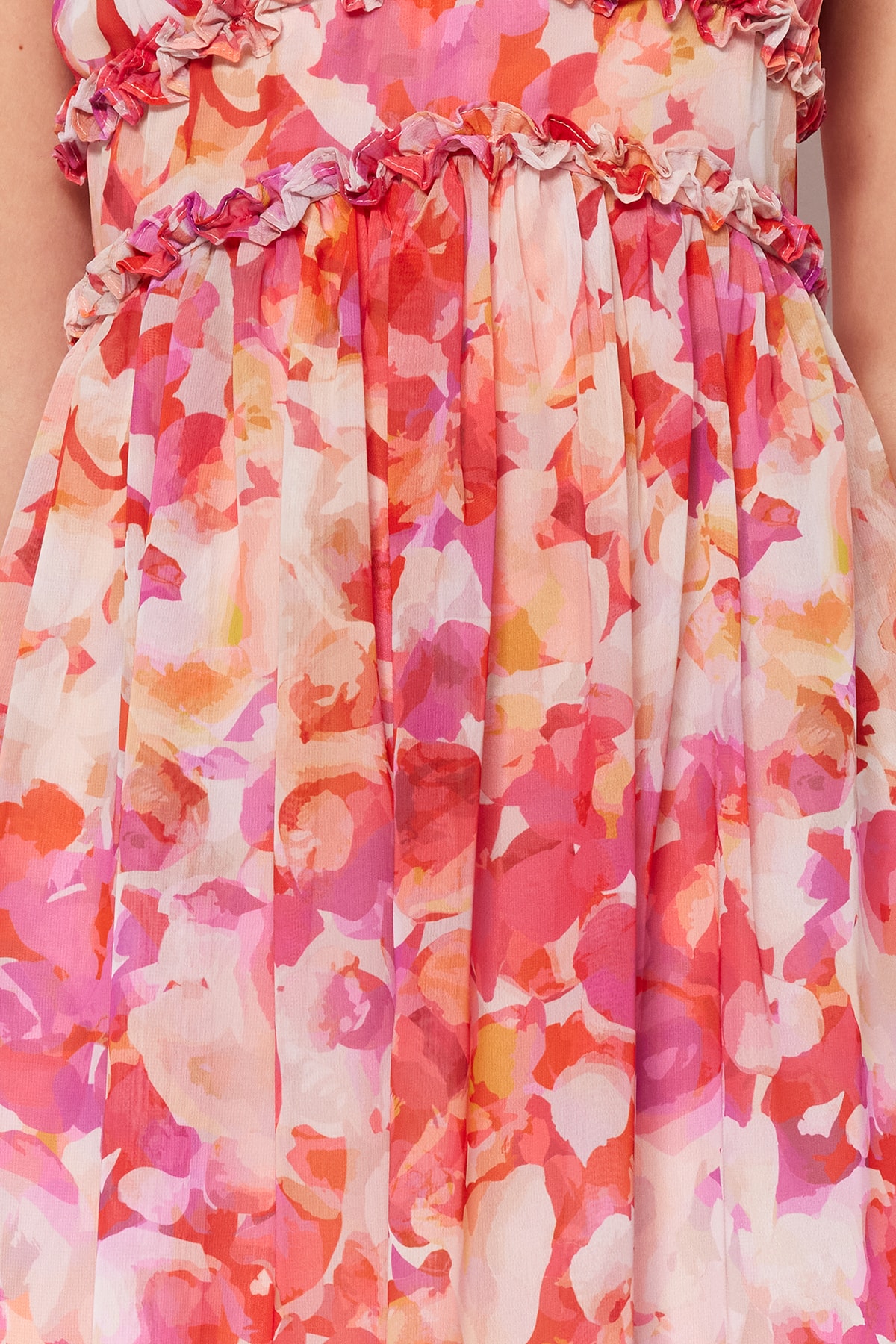 Trendyol Multi Color Floral Print A-Cut Ruffle Detail Lined Chiffon Maxi Woven Dress