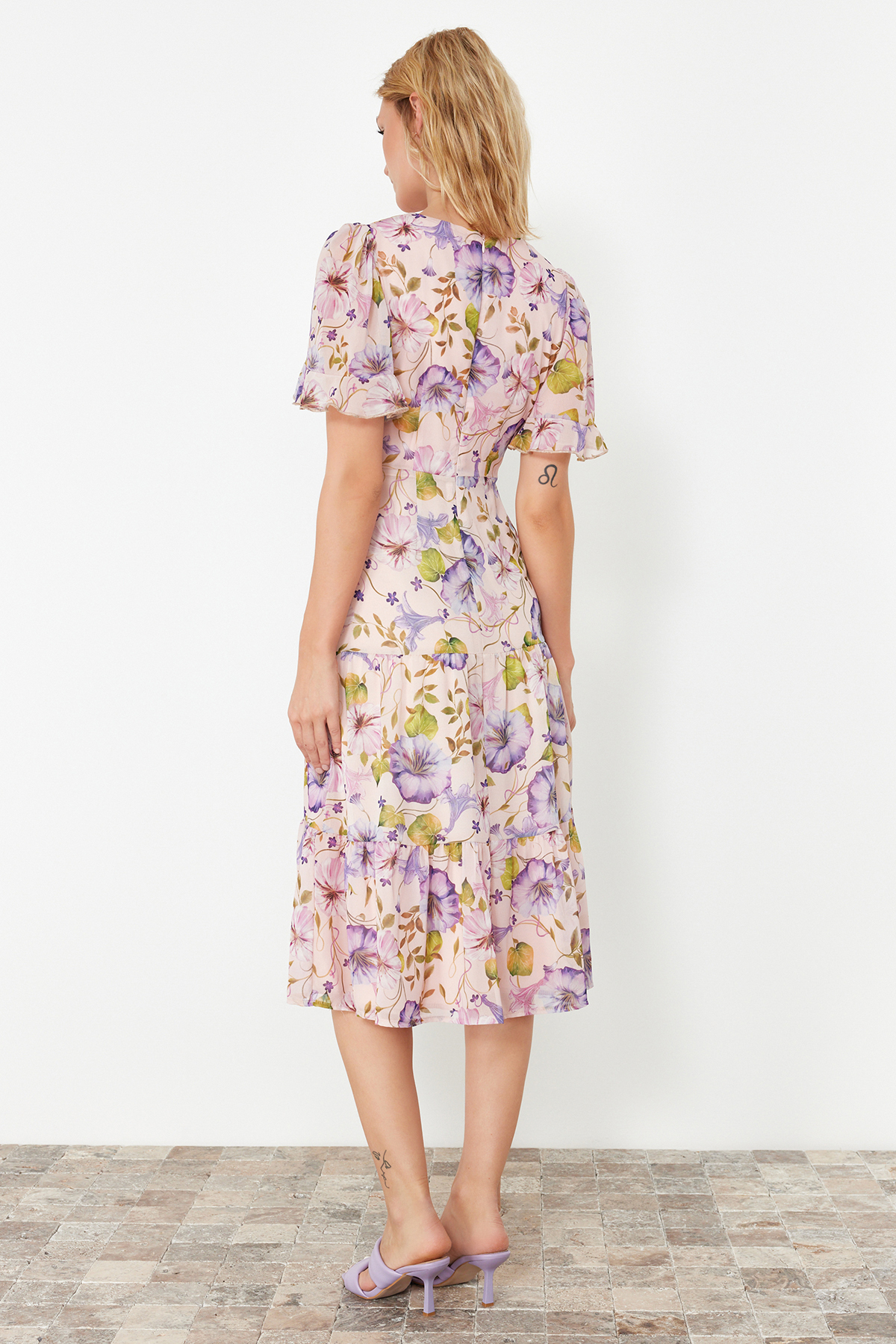 Trendyol Pink Floral Print A-Cut Flounced Midi Lined Chiffon Woven Dress