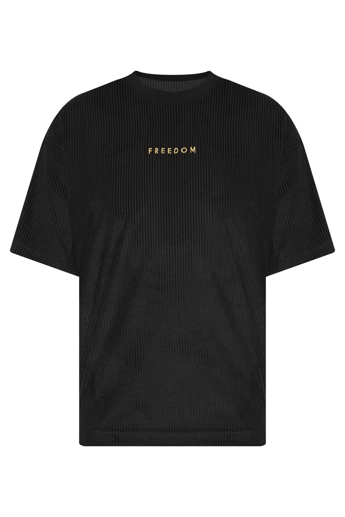 Levně XHAN Black Freedom Embroidered Ribbed Oversize T-shirt