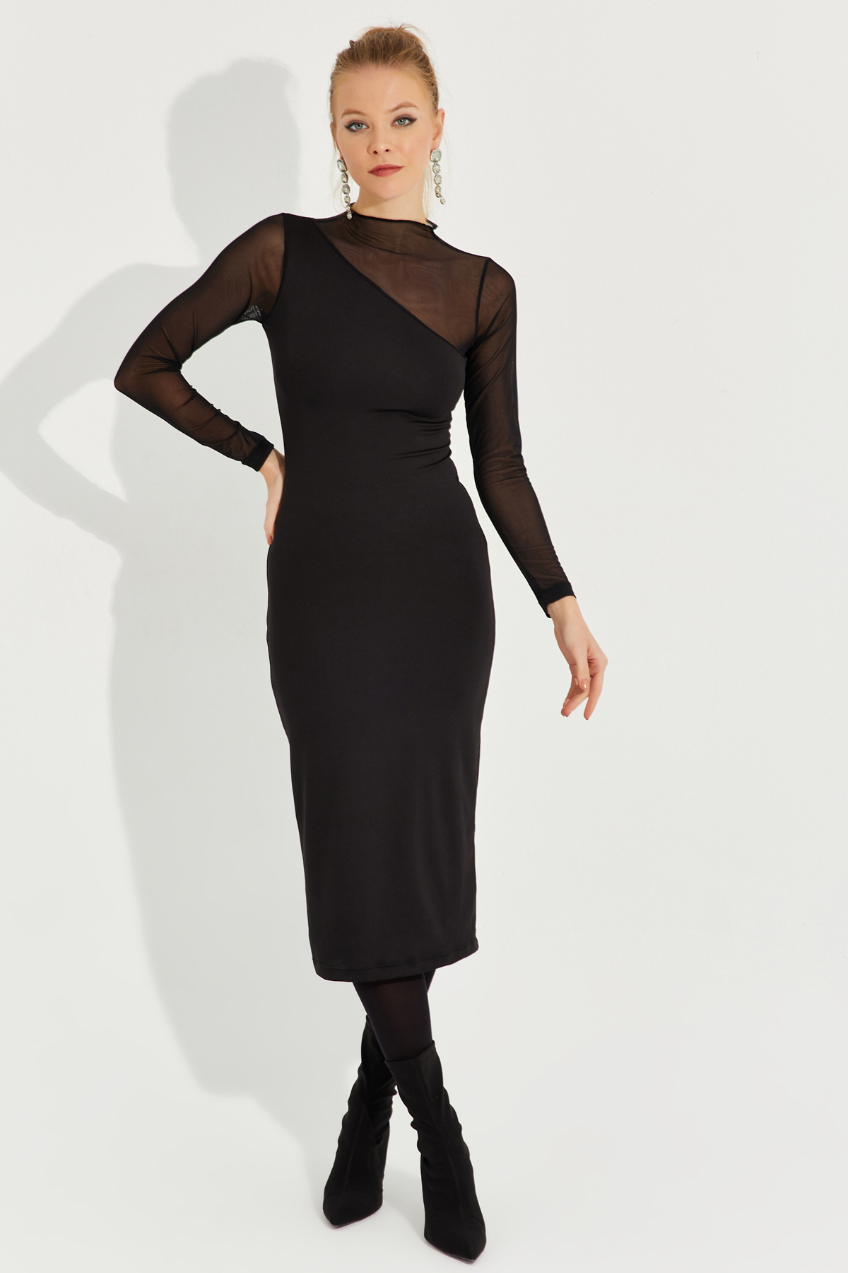 Levně Cool & sexy Dámské Černý Tyl Detailní Asymetrické Midi šaty