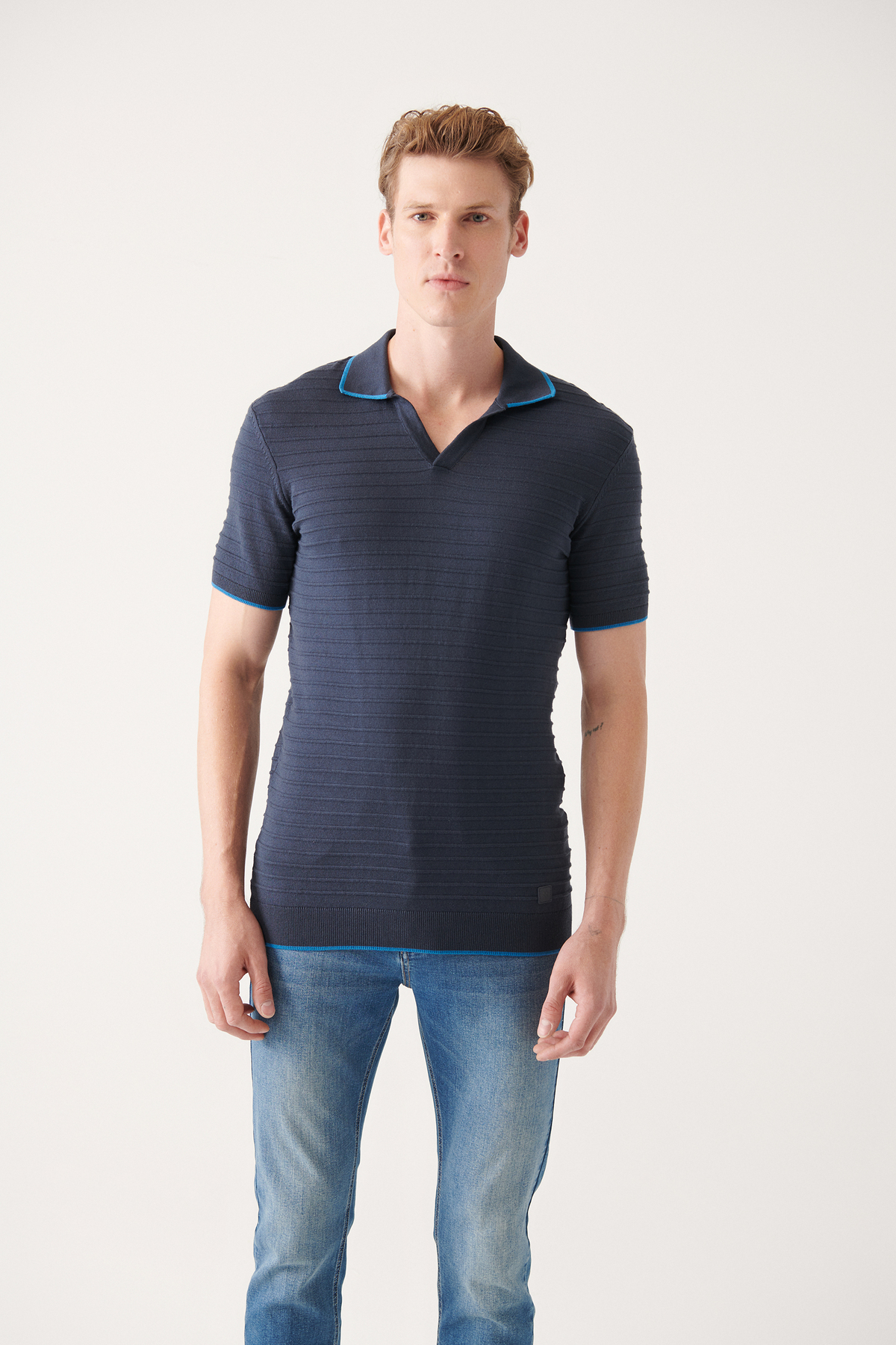 Avva Men's Navy Blue Buttonless Polo Neck Knit Detailed Ribbed Standard Fit Regular Cut Knitwear T-shirt A31y