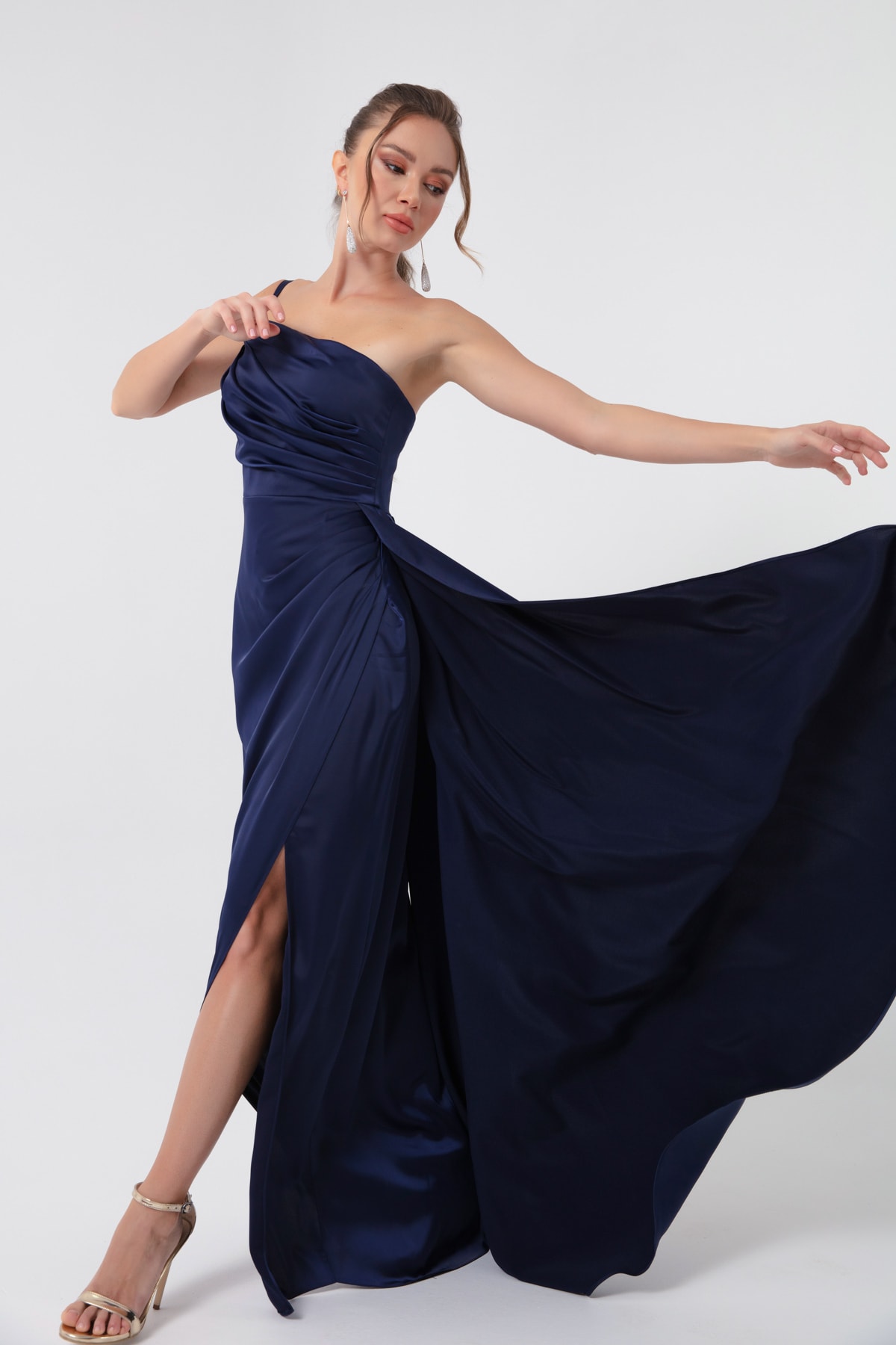 Levně Lafaba Women's Navy Blue One-Shoulder Satin Evening & Prom Dress