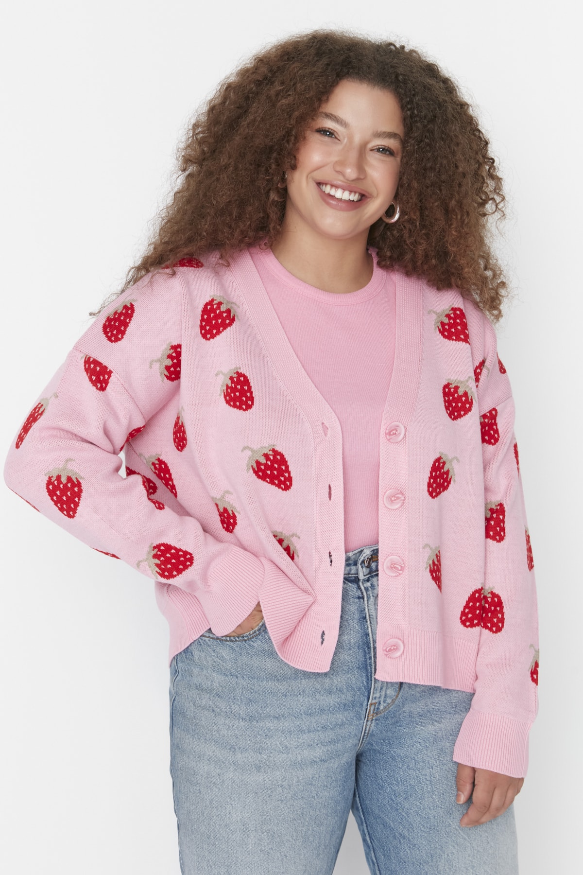 Levně Trendyol Curve Růžový jahodový vzorovaný pletený svetr s výstřihem do V