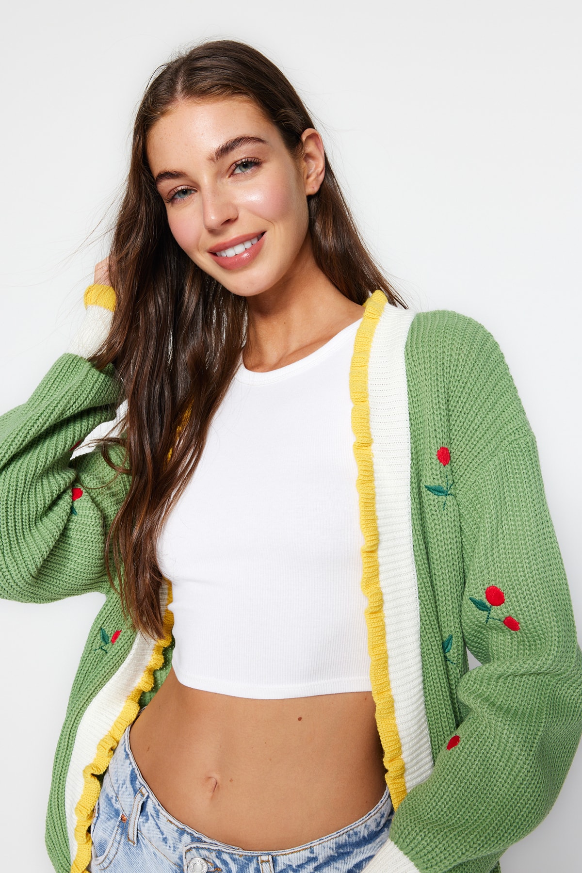 Trendyol Mint Embroidered Knitwear Cardigan