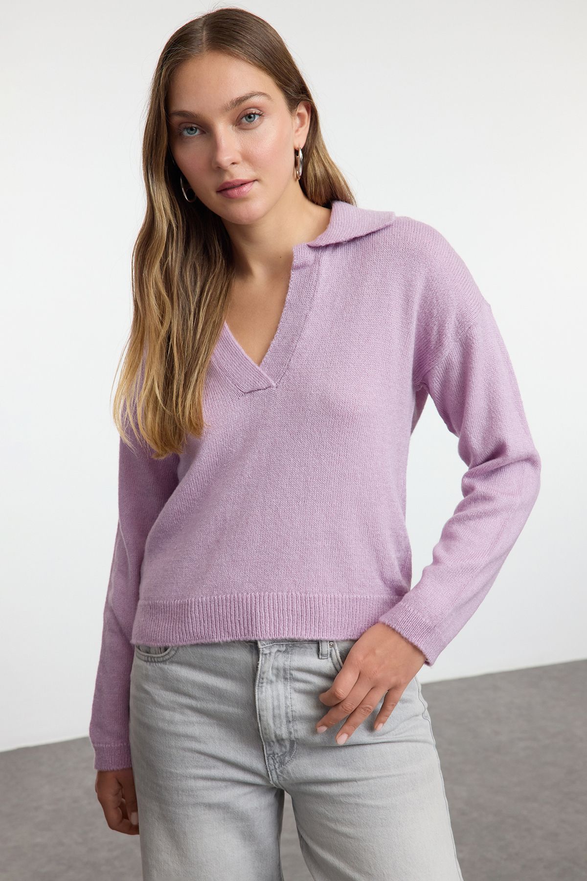 Trendyol Lilac Wide Pattern Soft Texture Basic Knitwear Sweater