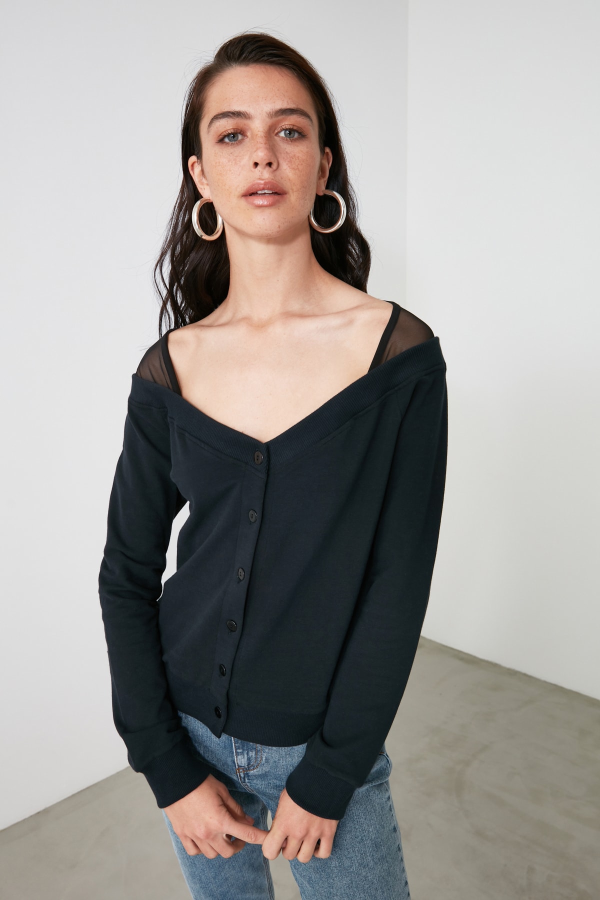 Trendyol Black Tulle Detailed Knitted Blouse