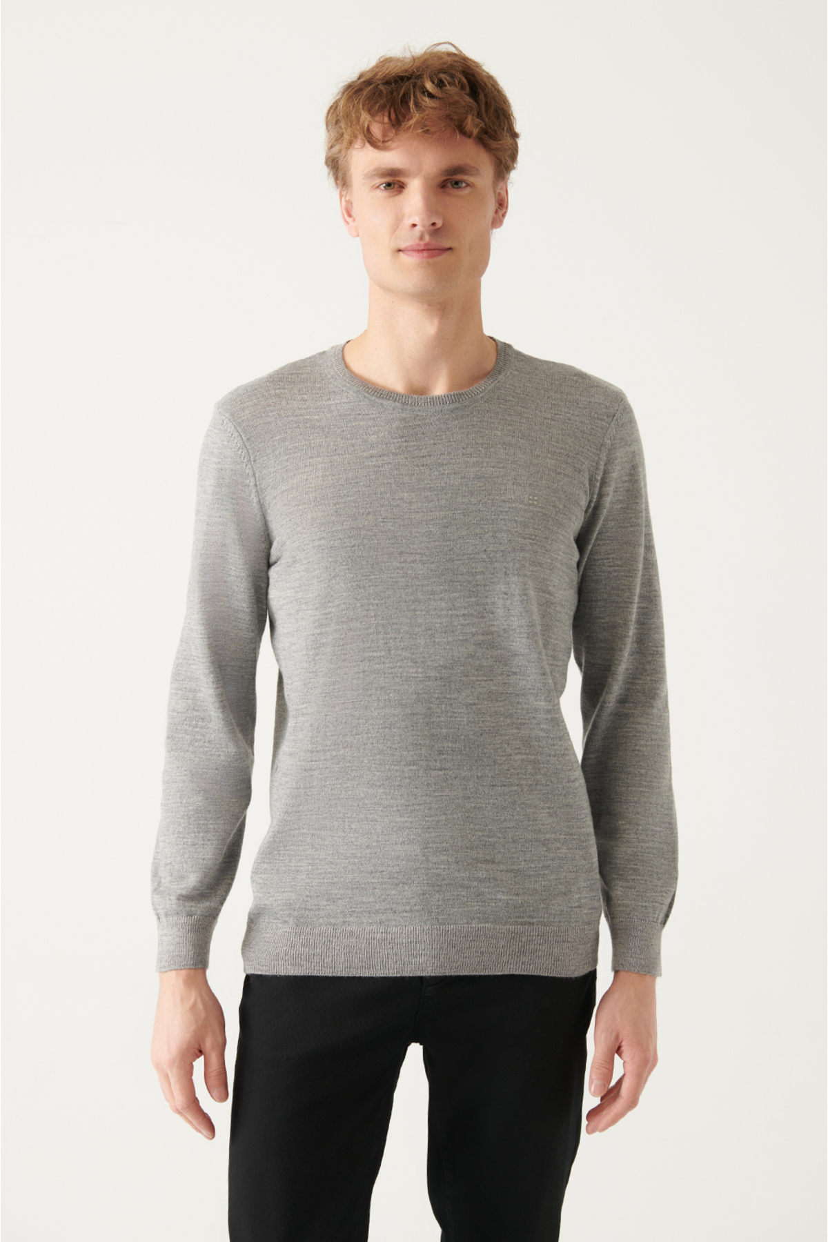 Levně Avva Men's Gray Crew Neck Wool Blended Regular Fit Knitwear Sweater