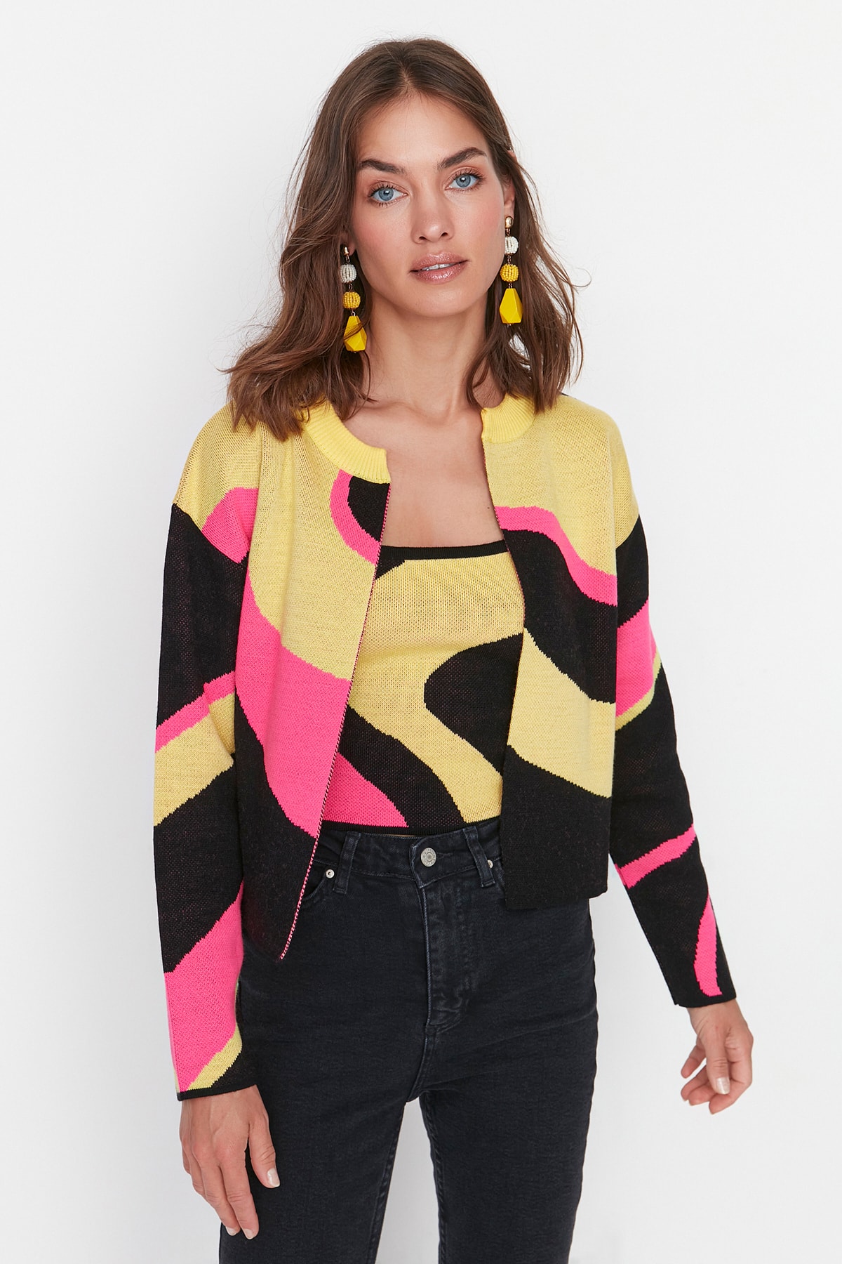 Trendyol Yellow Patterned Blouse- Cardigan Sweater Suit