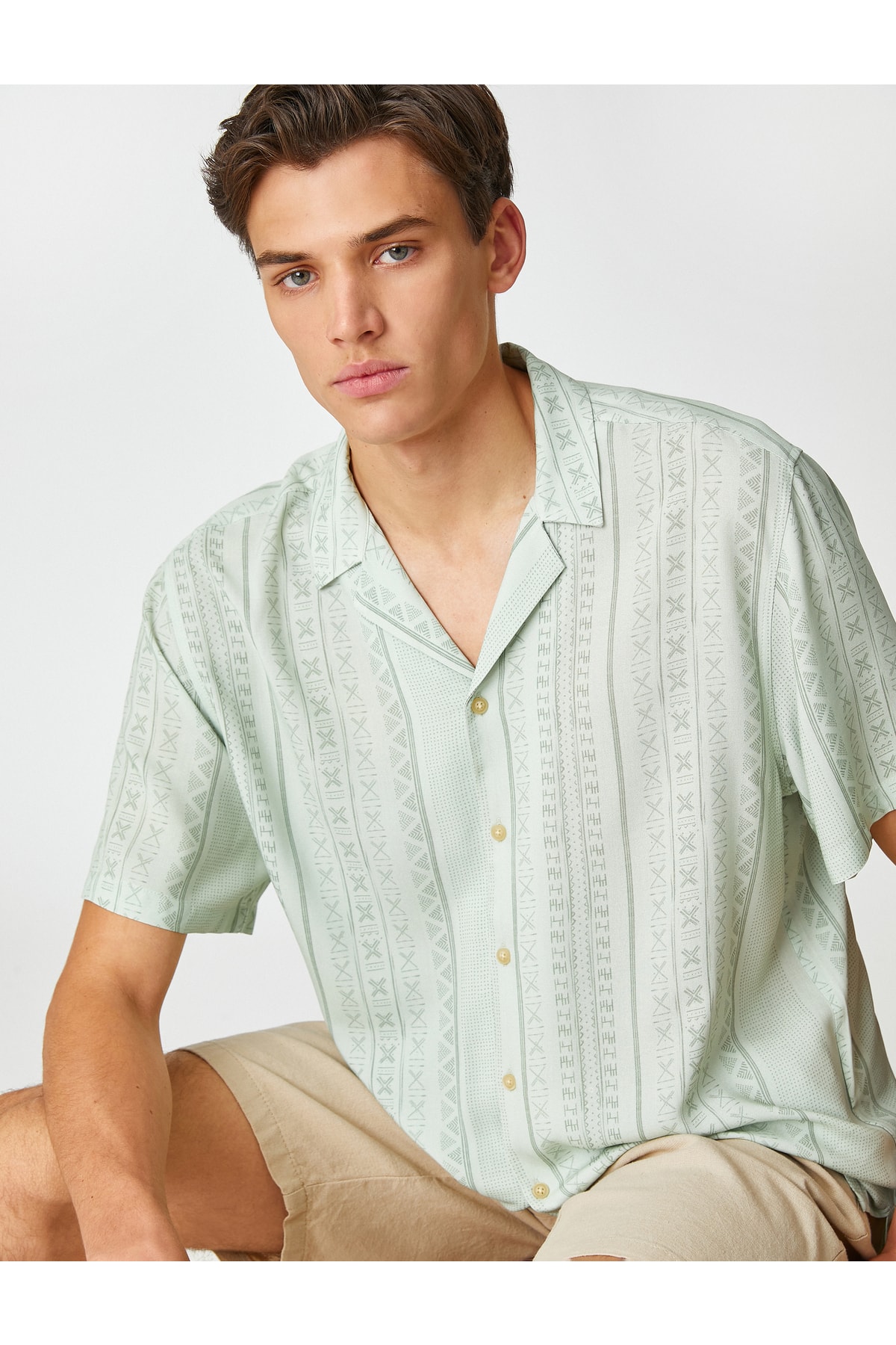 Koton Summer Shirt Short Sleeve Turndown Collar Ethnic Print Detailed
