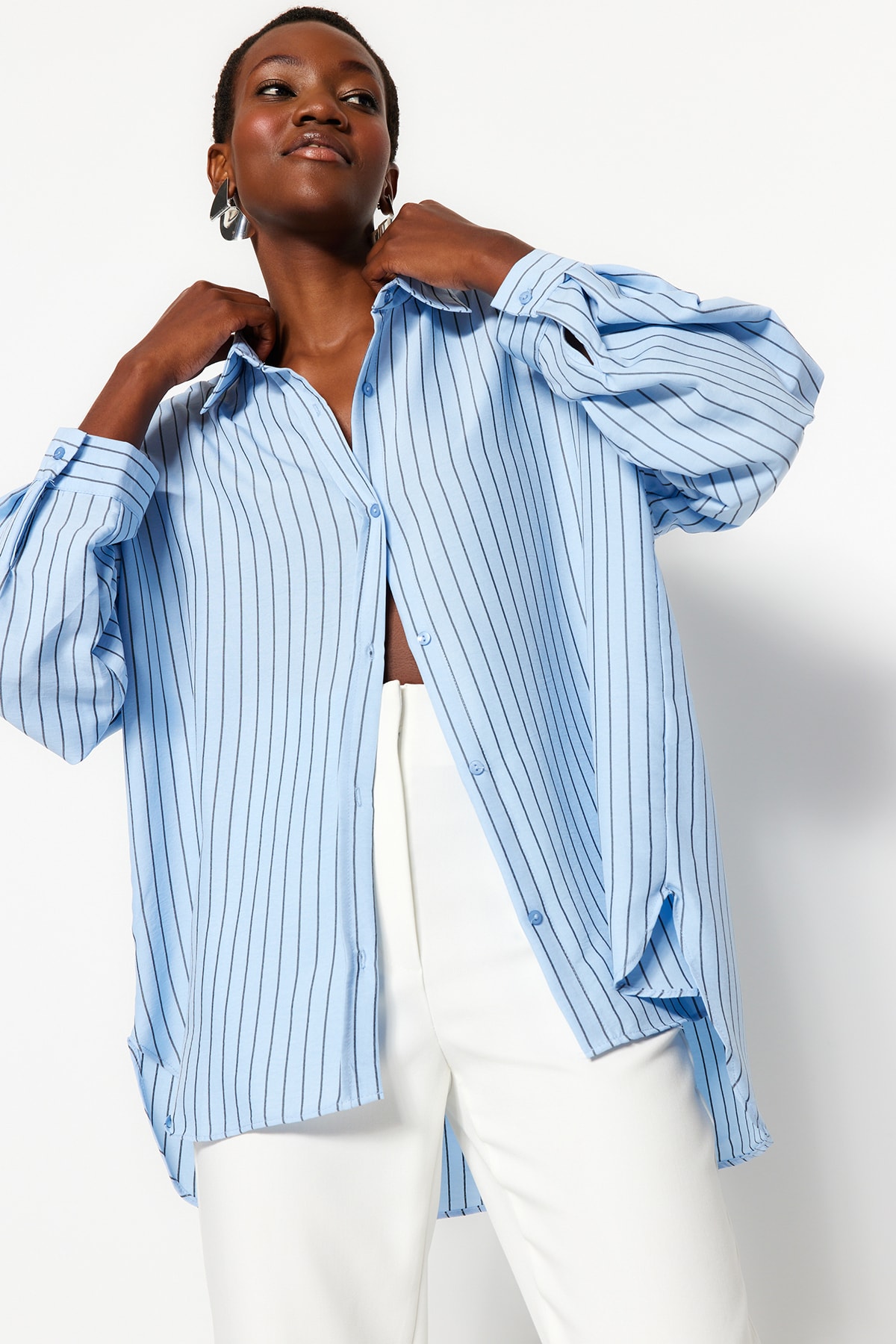 Trendyol Light Blue Striped Oversize/Wide Fit Woven Shirt