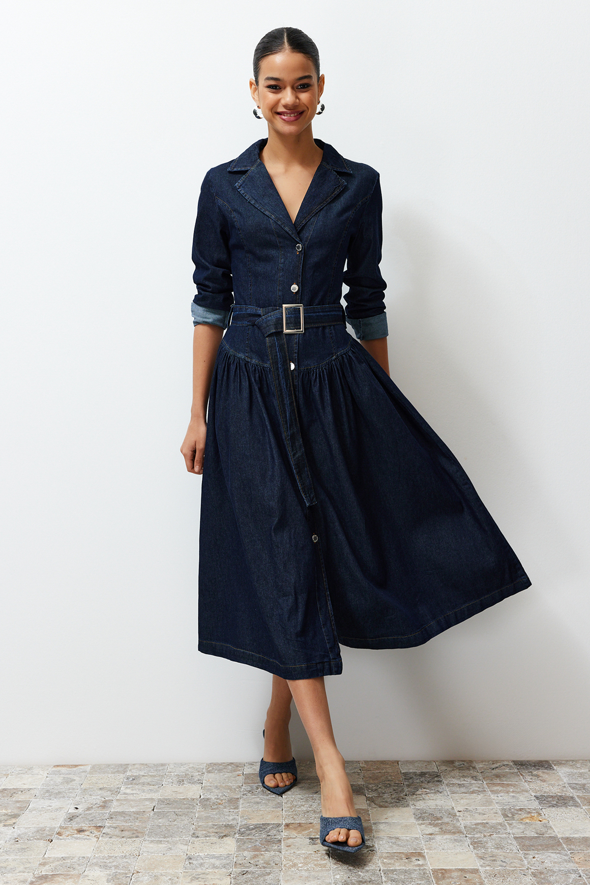 Trendyol Blue Belted Jacket Collar Maxi Denim Dress