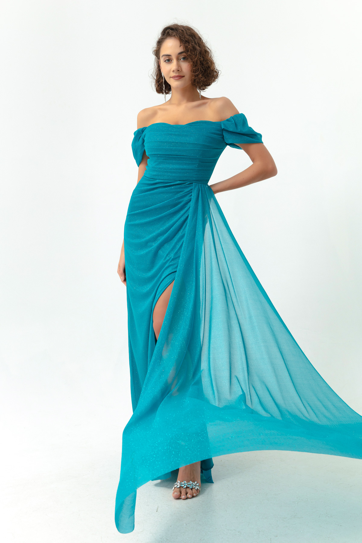 Lafaba Women's Blue Boat Collar Draped Long Glittery Evening Dress with a Slit.