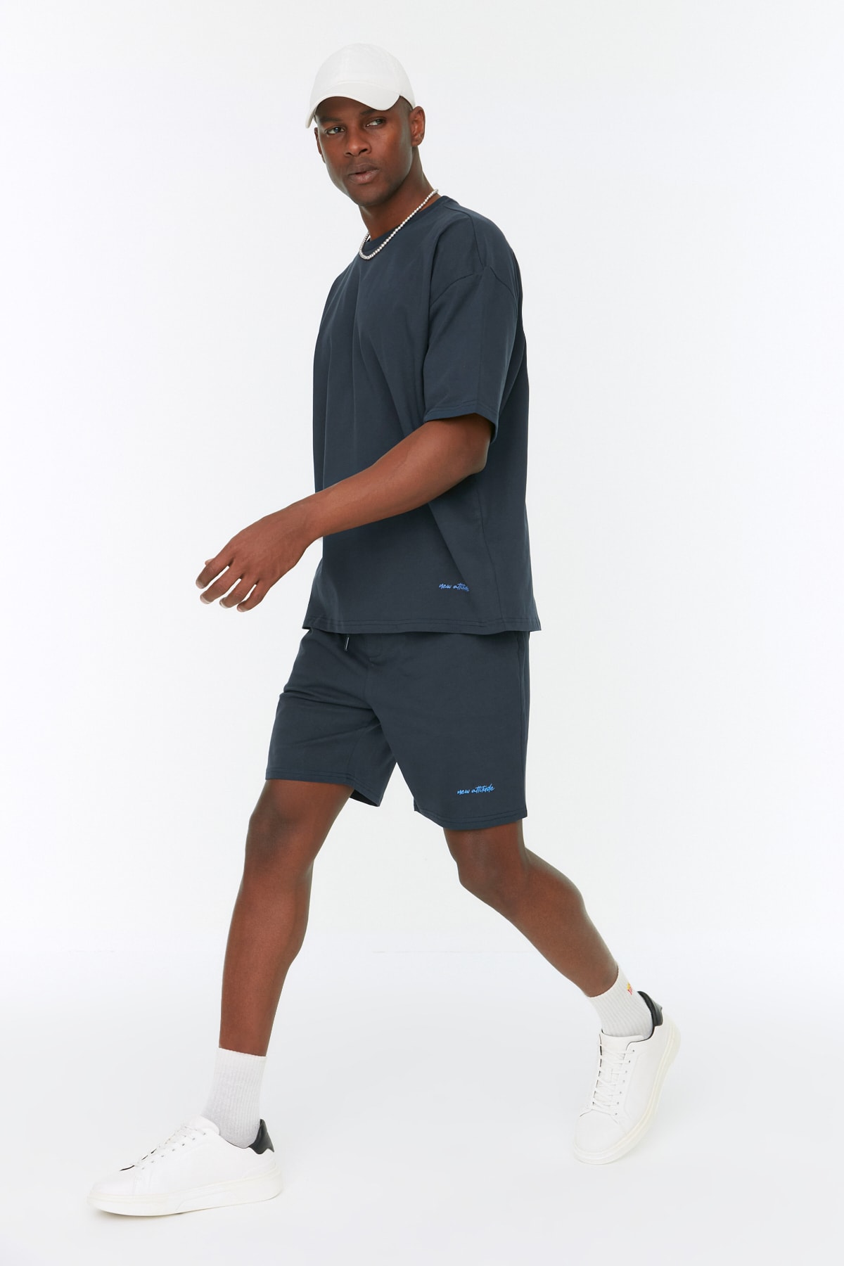 Trendyol Navy Blue Tracksuit Set Oversize Text Embroidered 100% Cotton