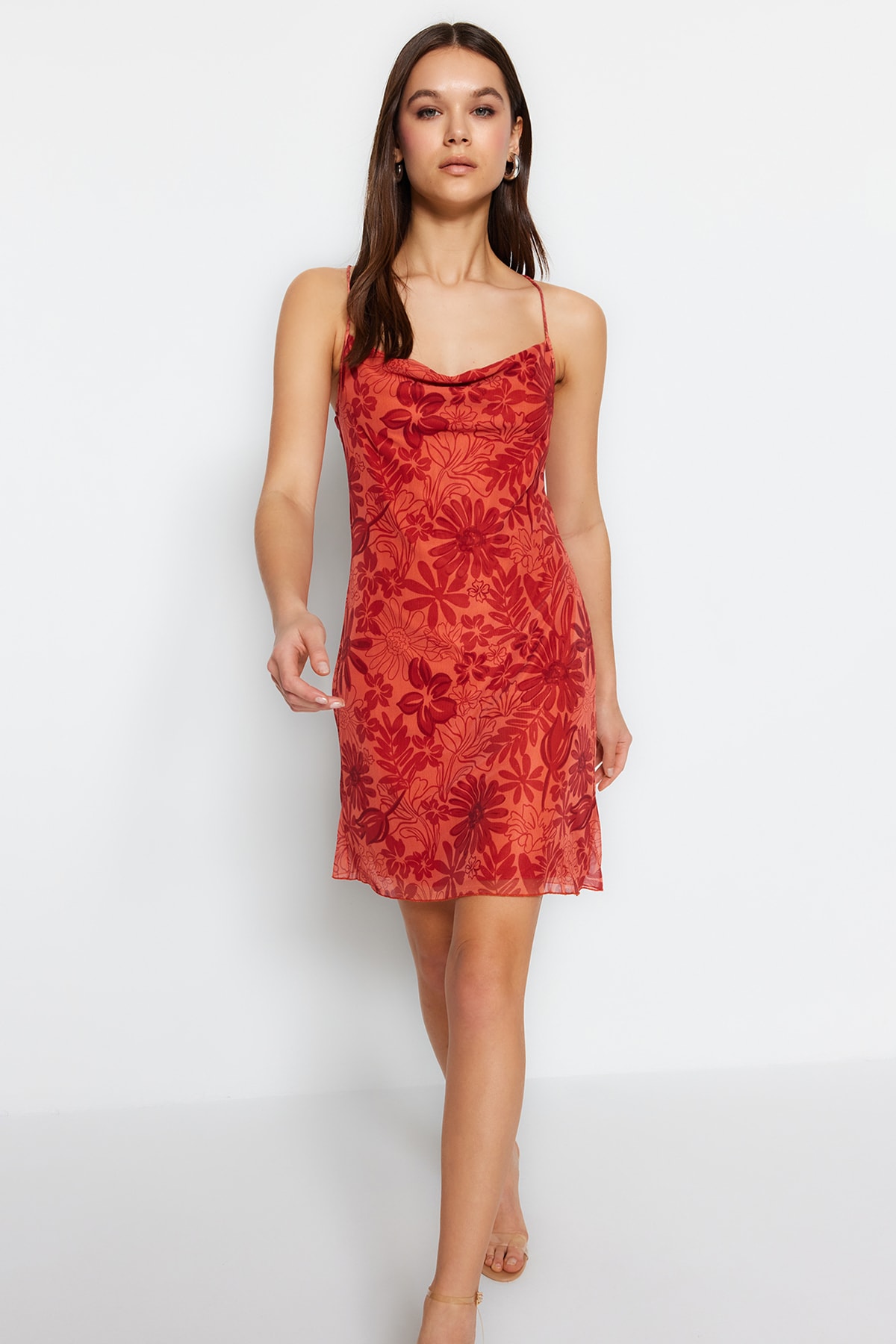 Levně Trendyol Brown Floral Print Mini Knitted Dress with Straps and Crisscross Back Detail