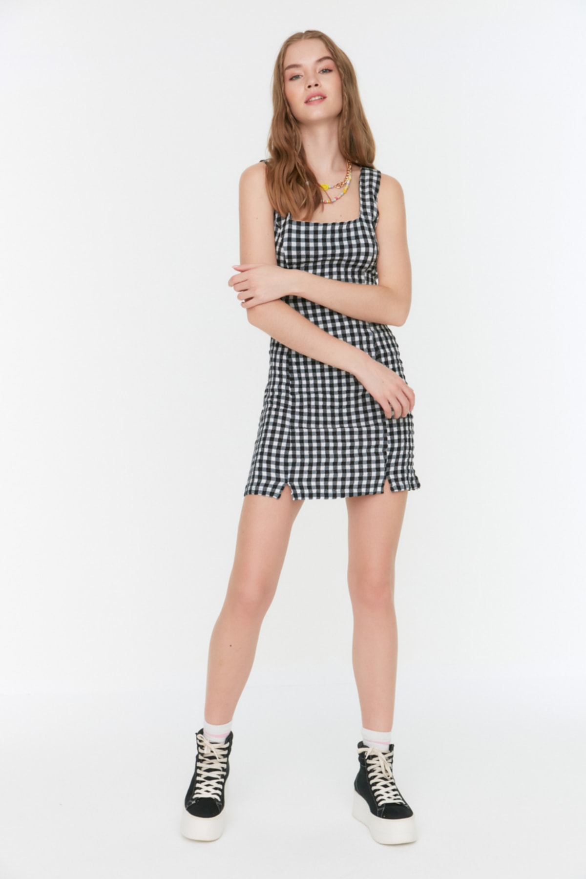 Rochie țesută Trendyol Black Gingham Super Mini
