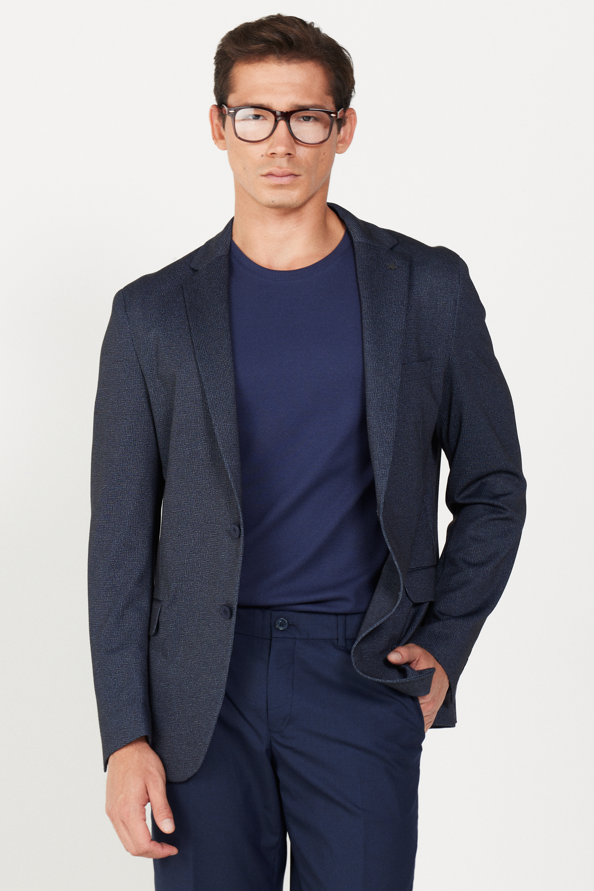 Levně ALTINYILDIZ CLASSICS Men's Navy Blue Slim Fit Slim Fit Mono Collar Printed Blazer Jacket