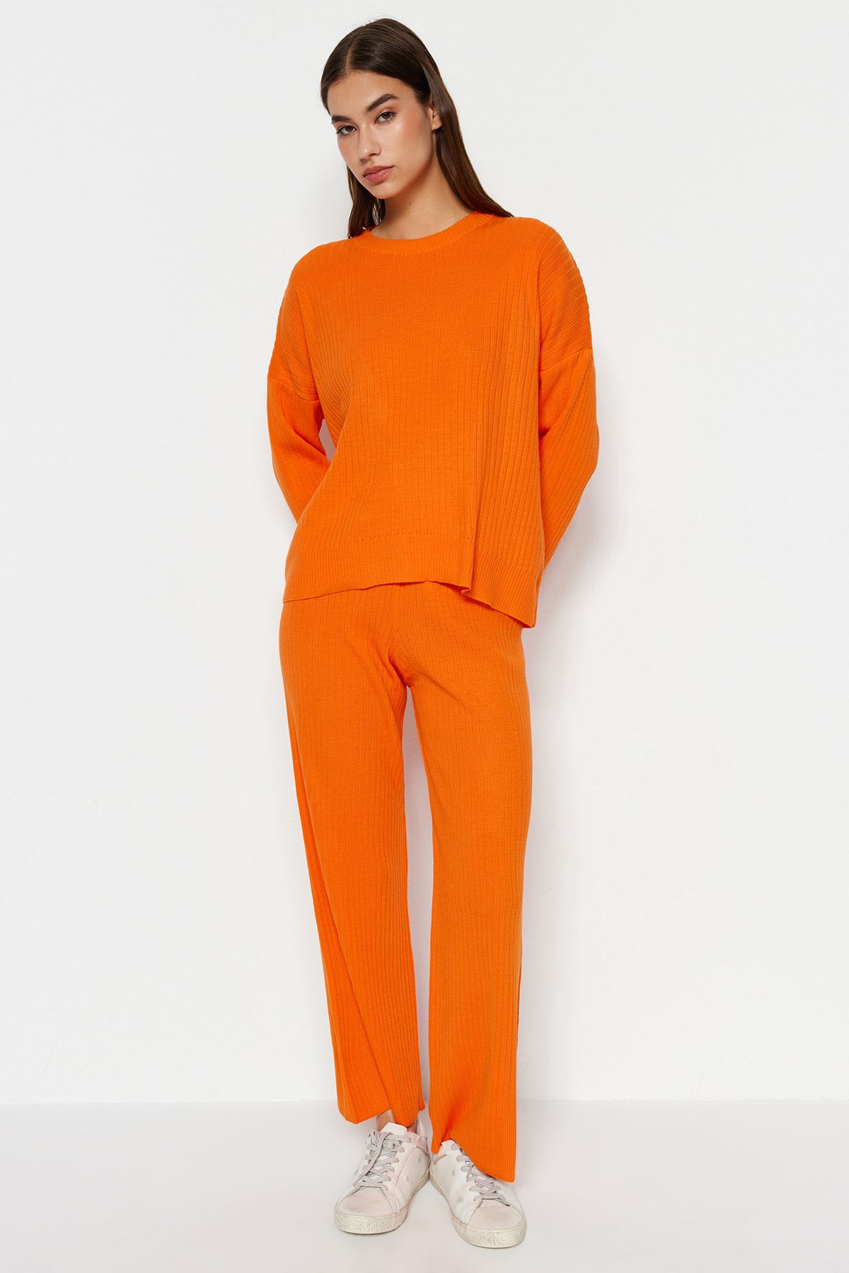 Trendyol Orange Basic Crew Neck Knitwear Top-Top Set