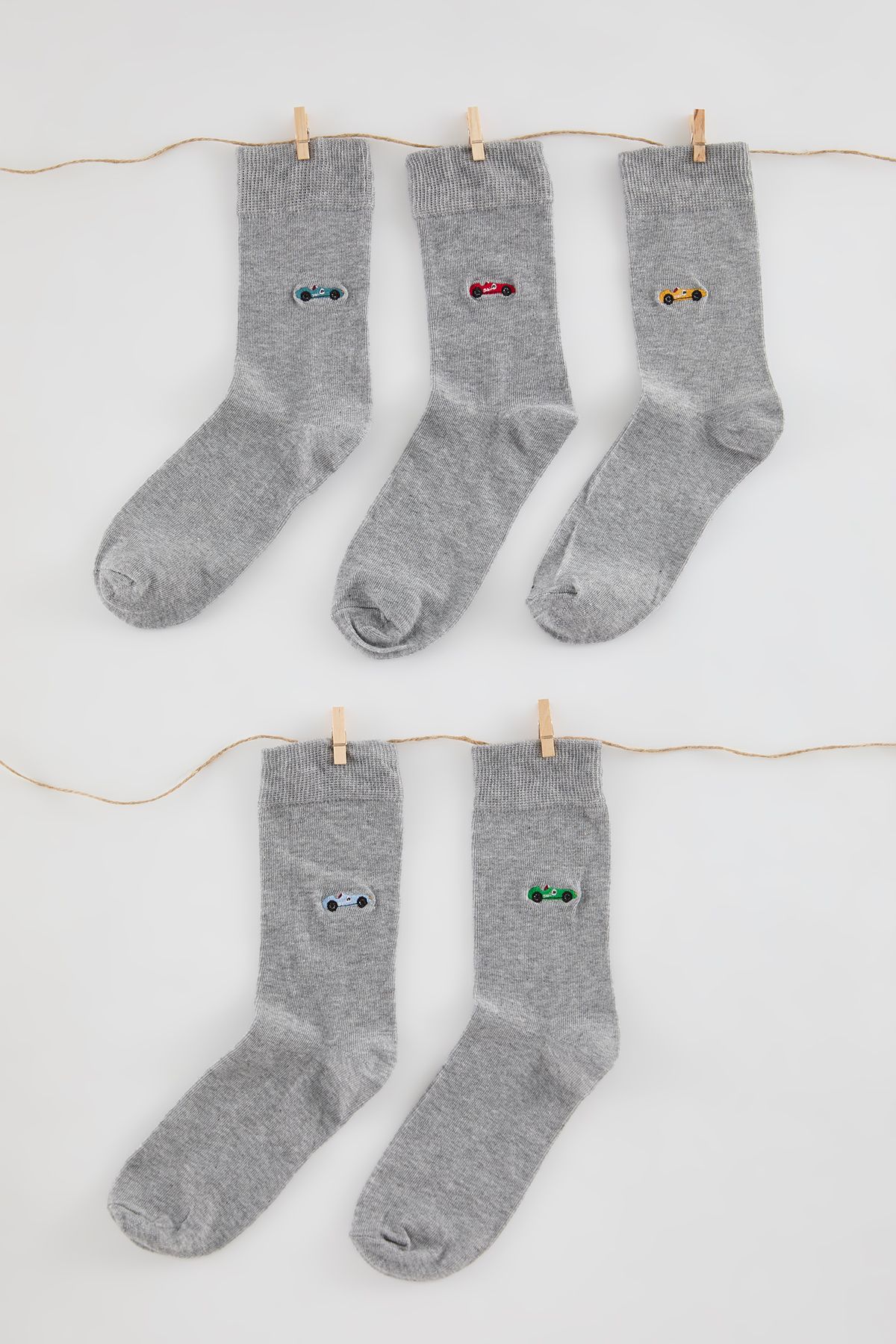 Trendyol Gray Unisex 5 Pack Car Embroidered Cotton Sock-Long Socks