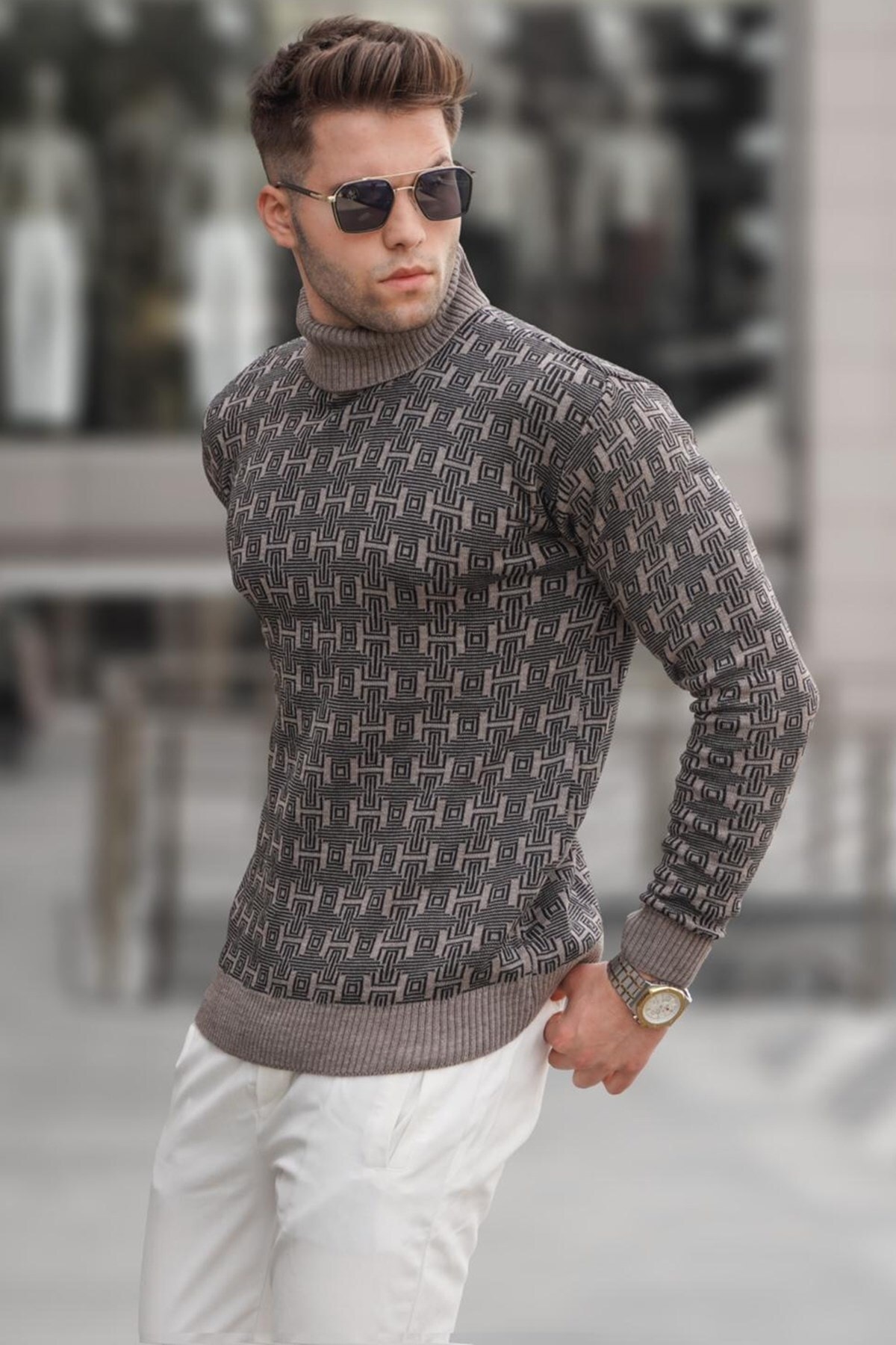 Levně Madmext Mink Patterned Turtleneck Knitwear Sweater 5768