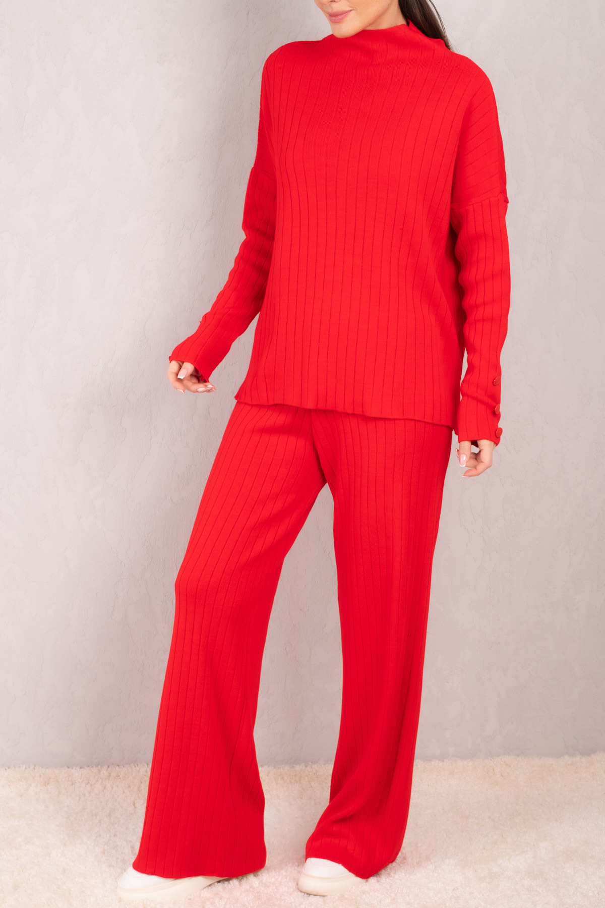 Levně armonika Women's Red Thick Ribbed High Neck Sleeve Buttoned Knitwear Suit