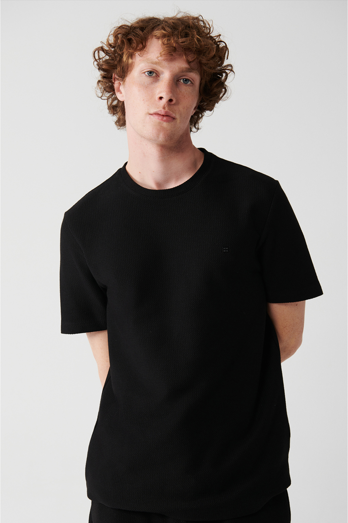 Levně Avva Men's Black 100% Cotton Crew Neck Jacquard Knitted Regular Fit T-shirt