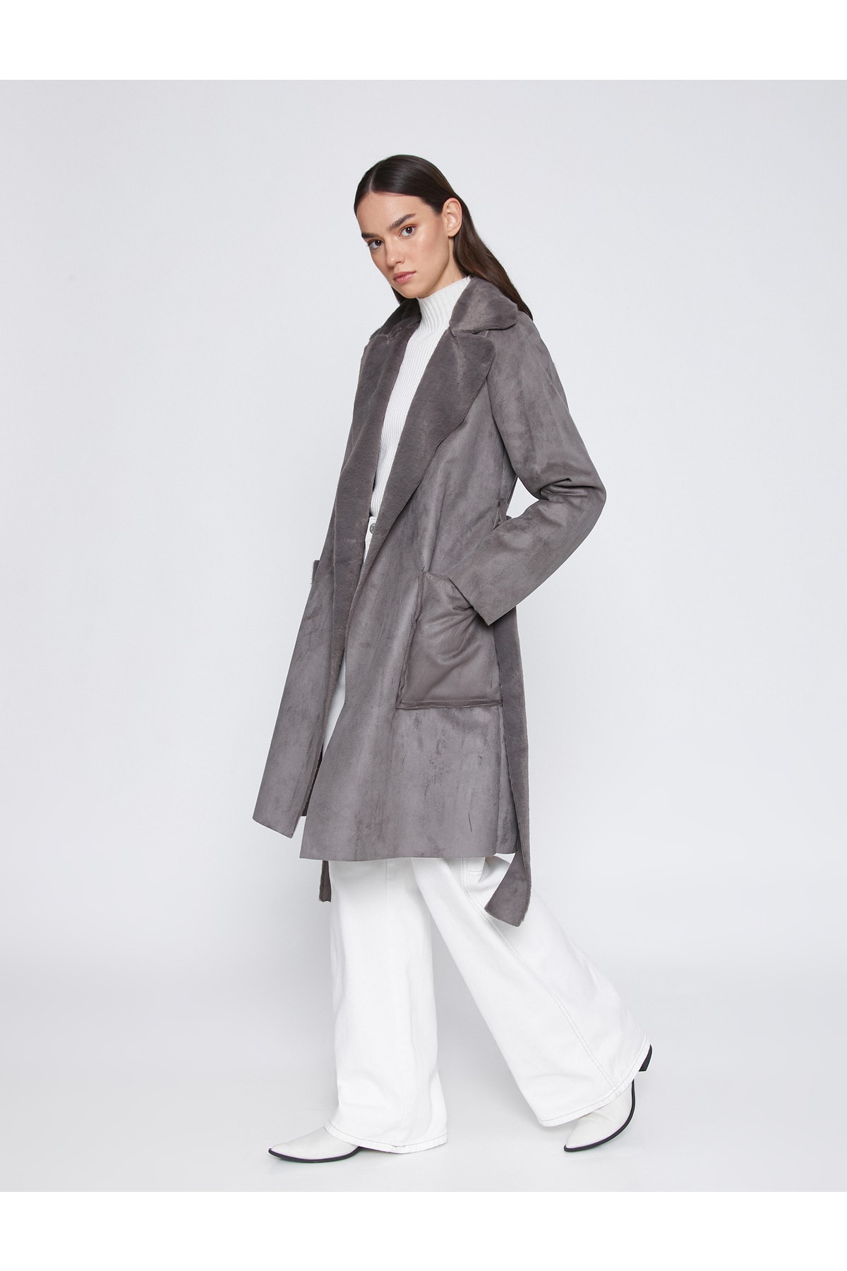 Levně Koton Suede Look Dlouhý kabát s širokým reverzním límcem a kapsou