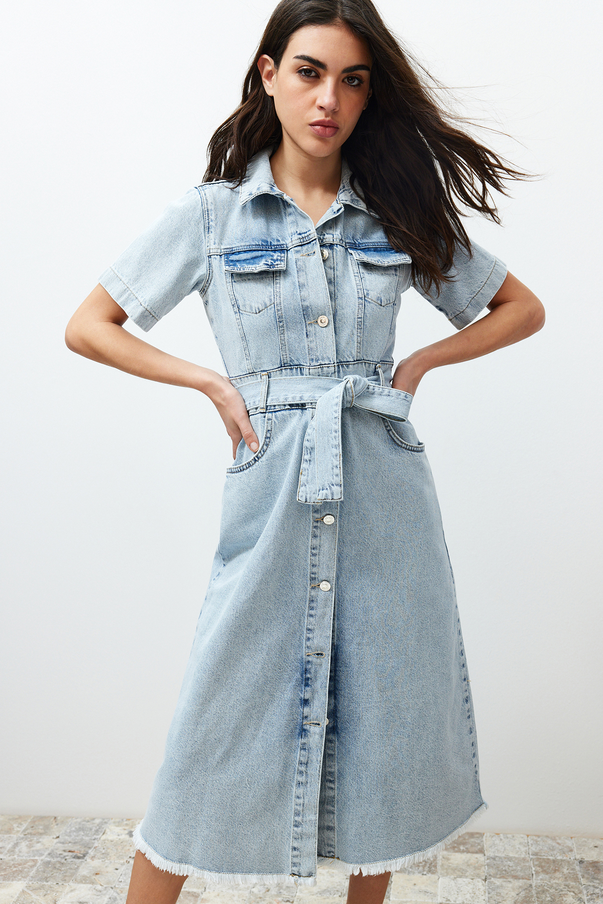 Trendyol Blue Belt Maxi Denim Dress