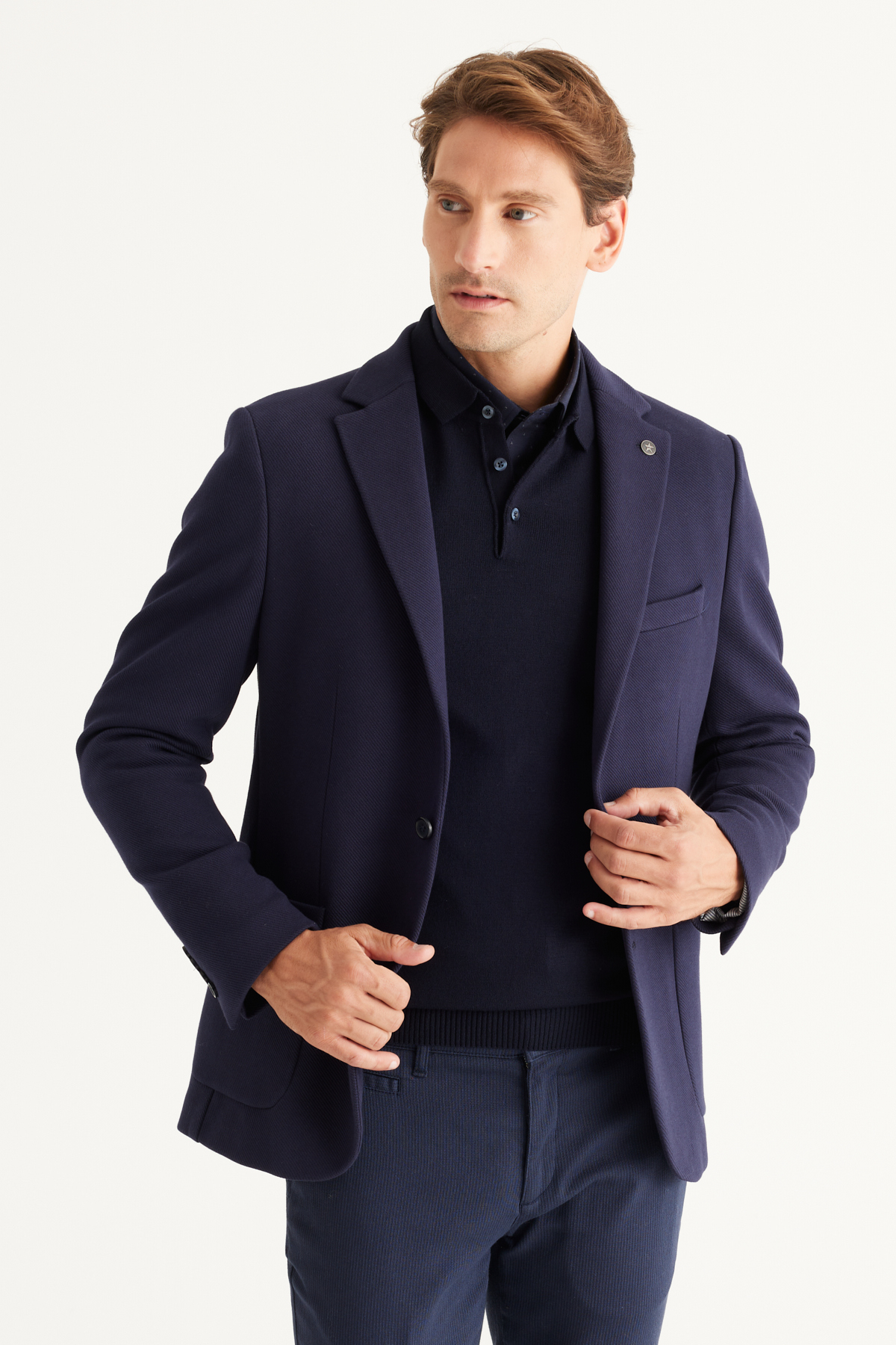 Levně AC&Co / Altınyıldız Classics Men's Navy Blue Slim Fit Slim Fit Mono Collar Cotton Patterned Blazer Jacket