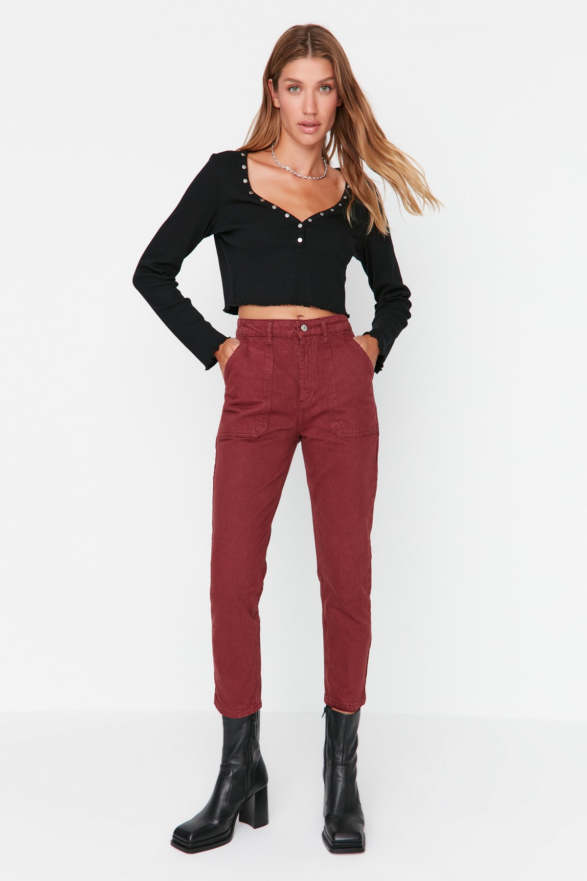 Levně Trendyol Claret Red High Waist Mom Jeans with Pockets