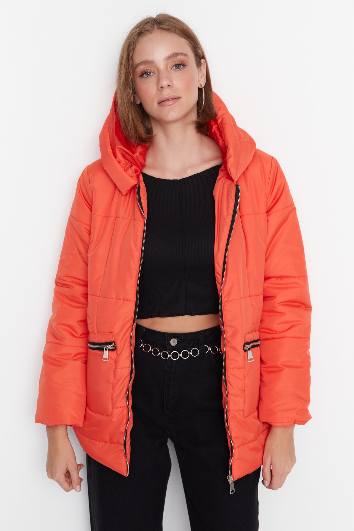 Trendyol Orange Oversize kapucnis puffadt kabát