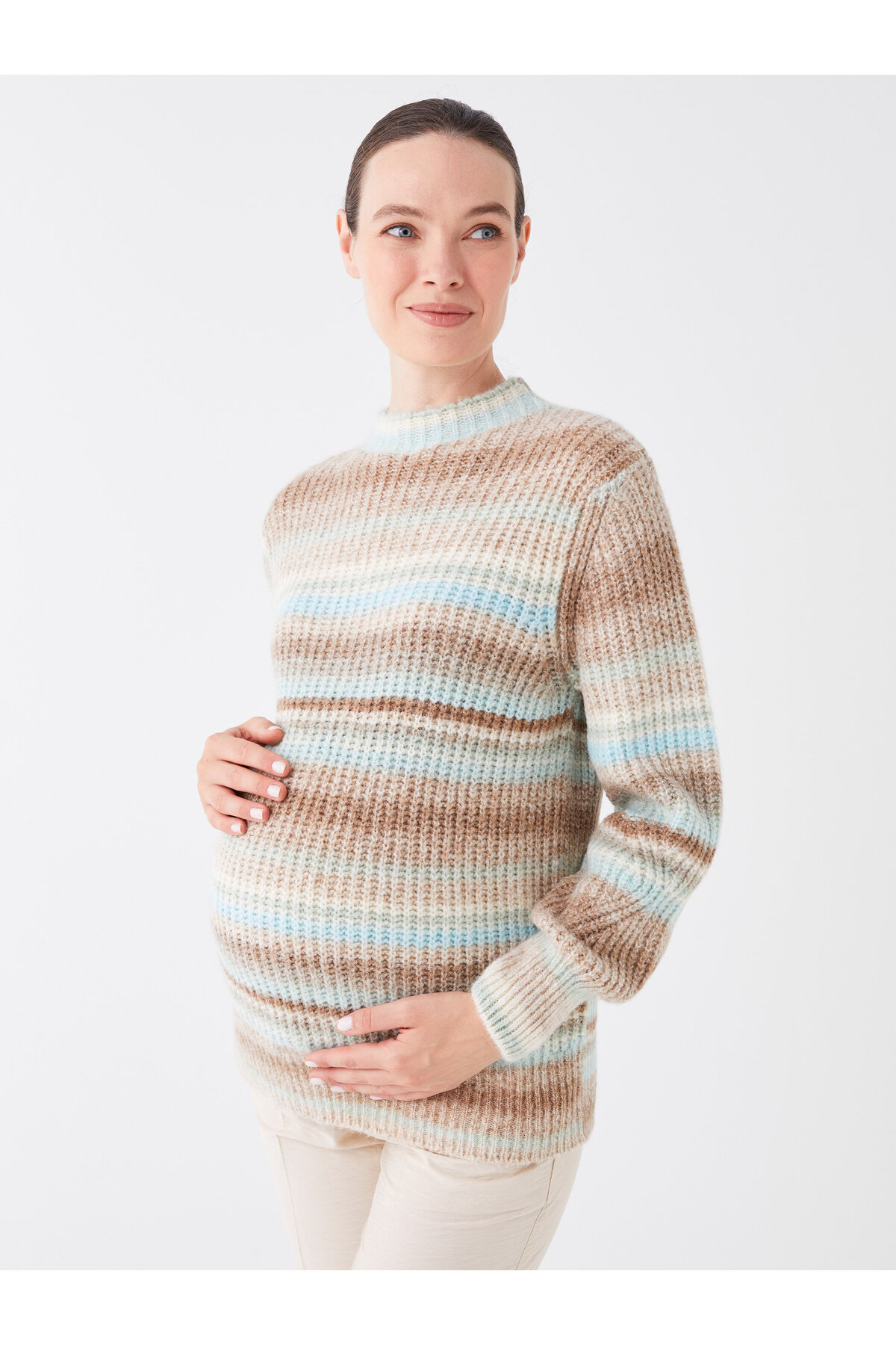 Levně LC Waikiki Half Turtleneck Striped Long Sleeve Maternity Knitwear Sweater