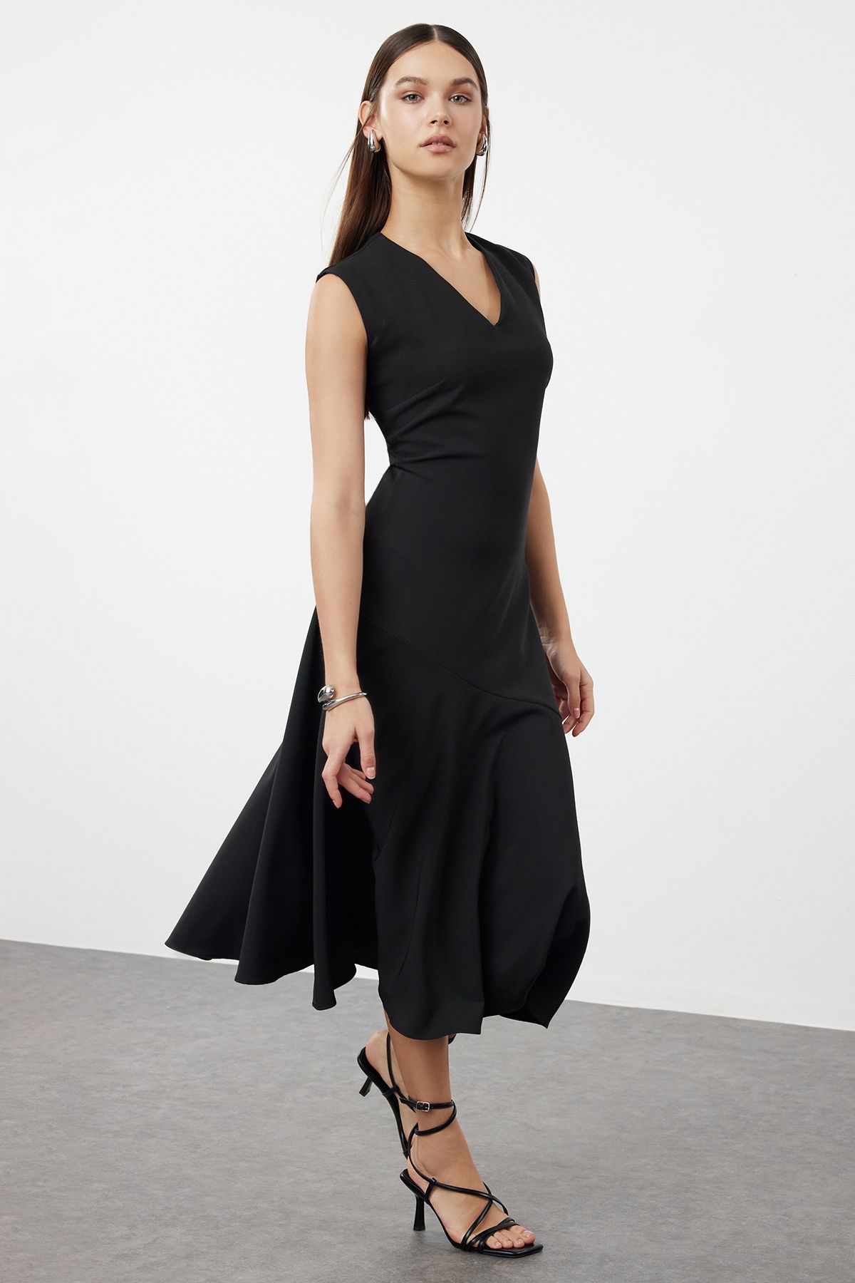 Trendyol Black A-Line Skirt Asymmetrical Midi Woven Dress