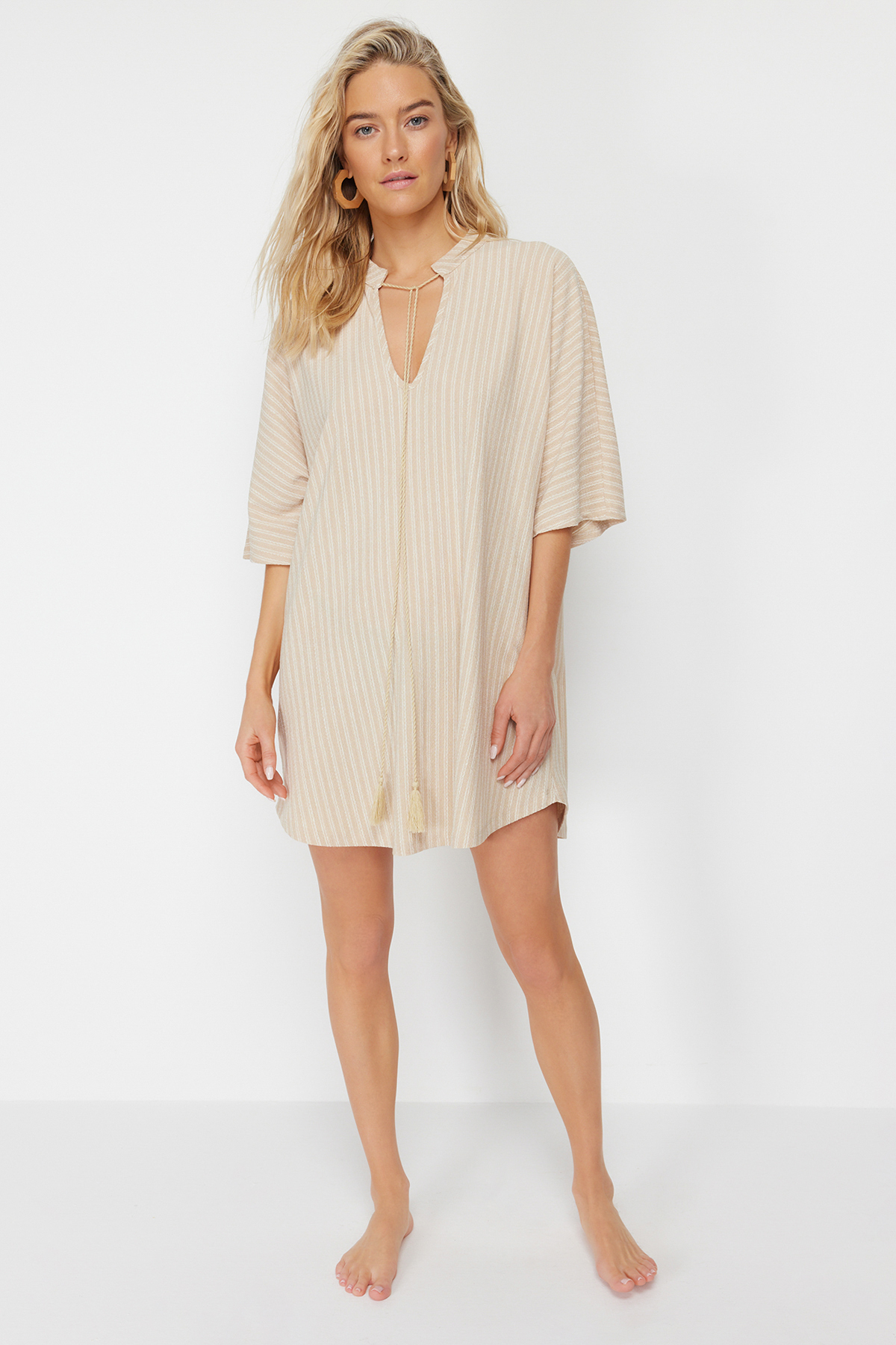Trendyol Beige Wide Fit Mini Knitted Tied Beach Dress