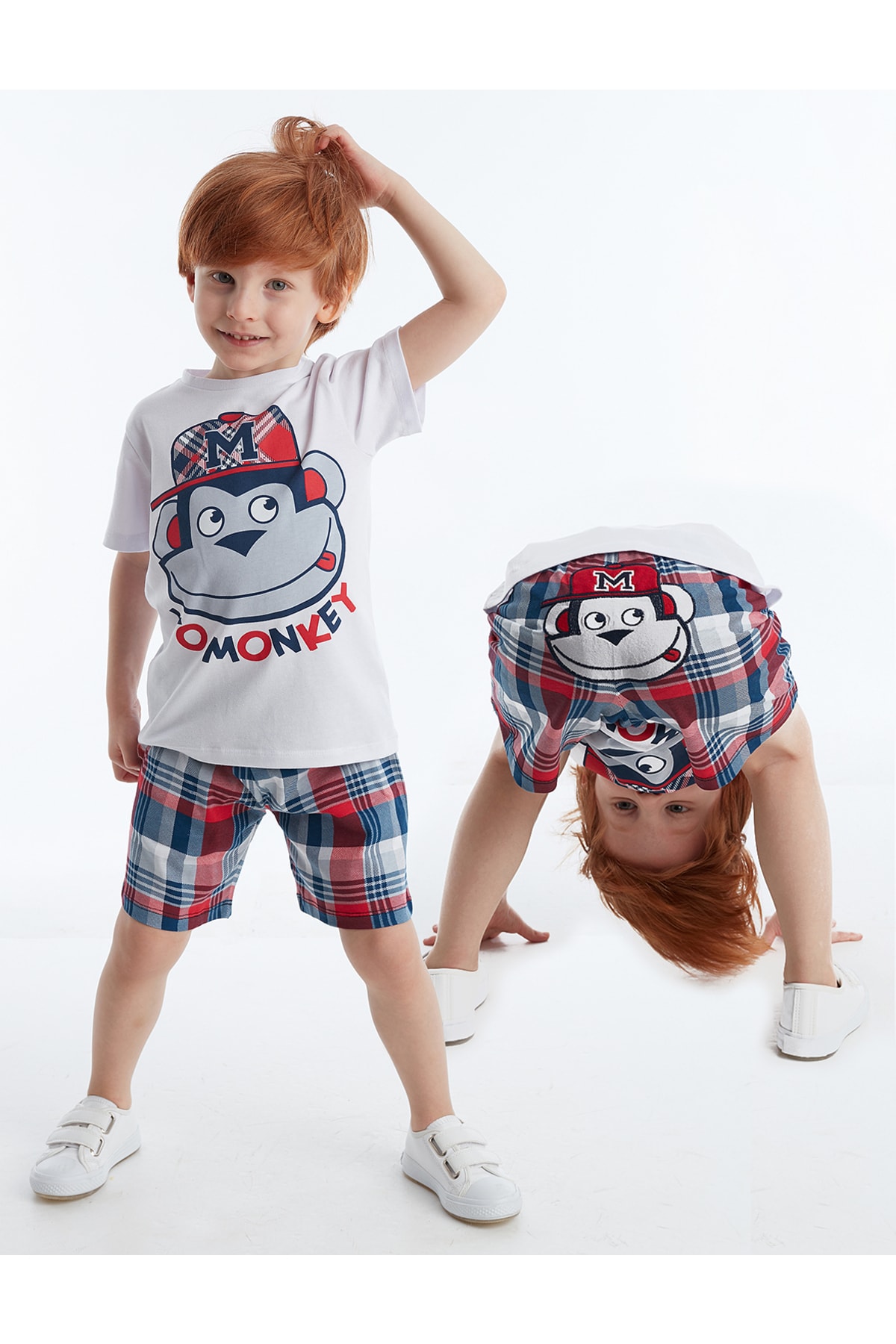 Levně Denokids Monkey Plaid Boy's T-shirt Shorts Set