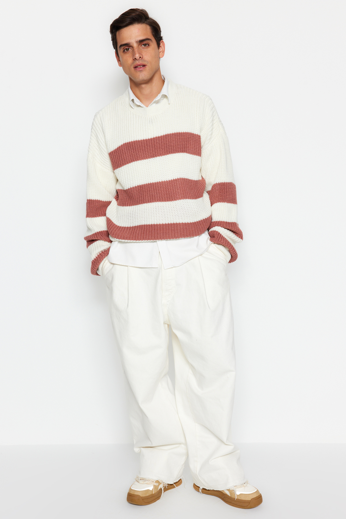 Trendyol Dusty Rose Oversize Fit Wide Fit Crew Neck Striped Knitwear Sweater