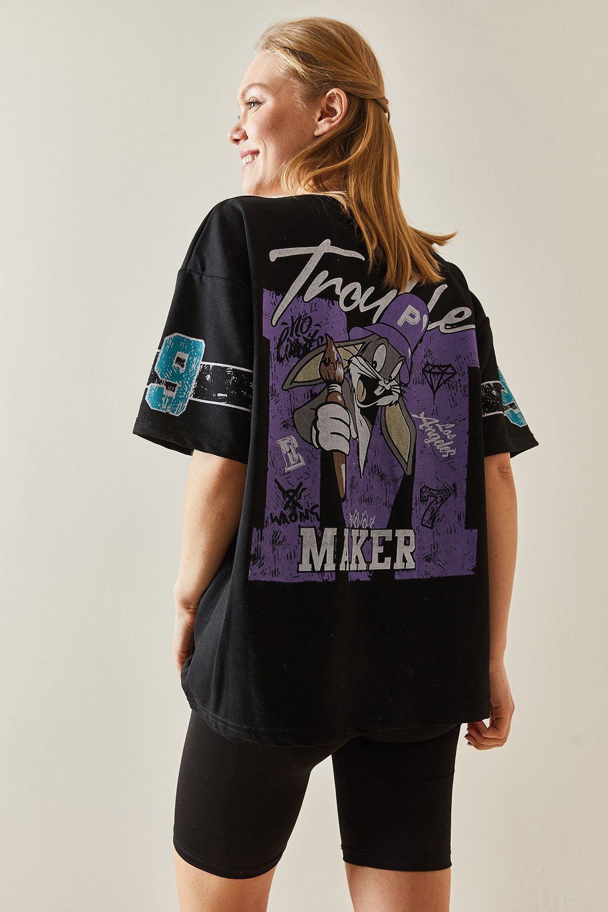 XHAN Black Crew Neck Back Printed Oversize T-Shirt 4KXK1-47898-02