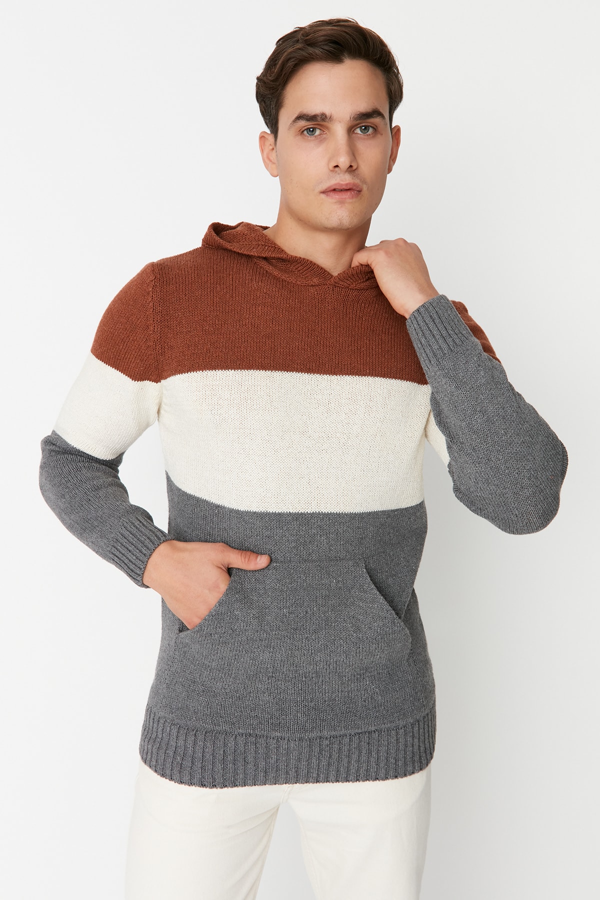 Trendyol Tile Regular Fit Hooded Color Blocked Knitwear Sweater