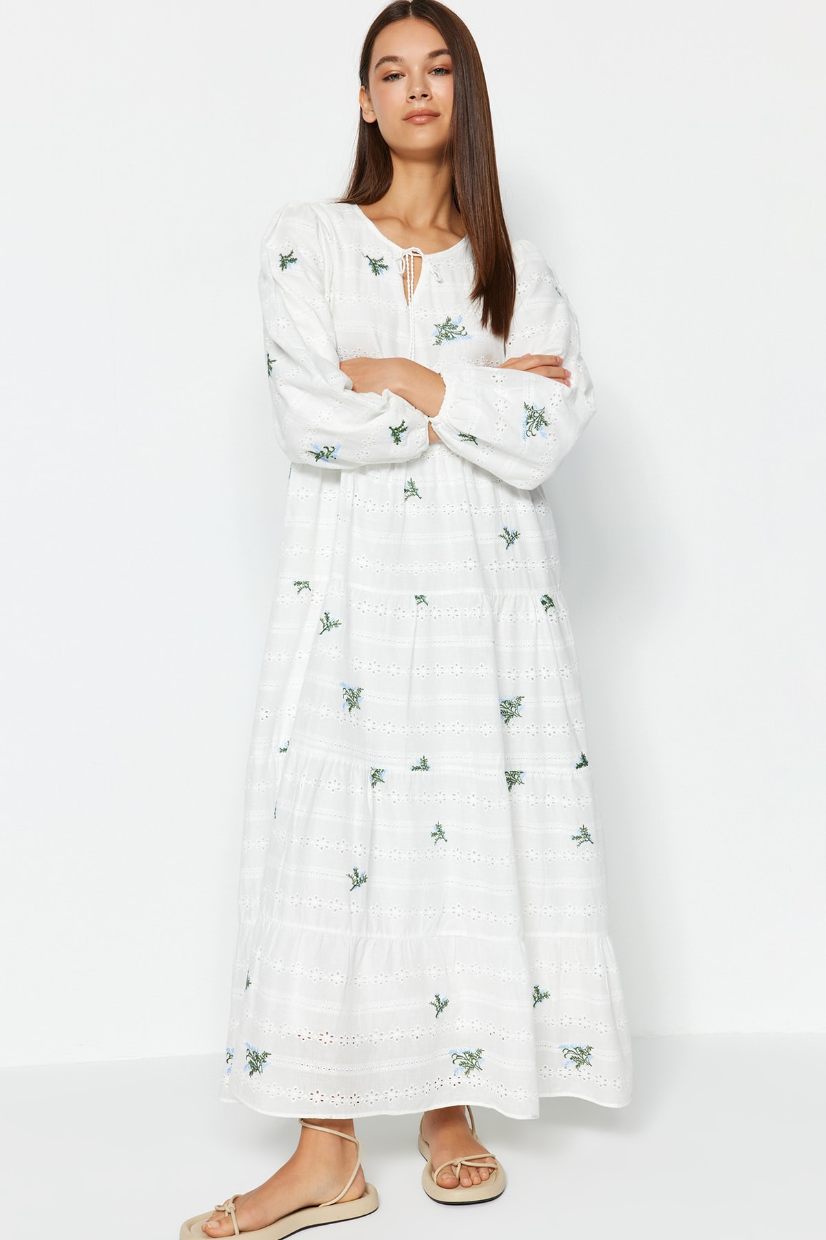 Trendyol Ecru Embroidered Detail Floral Embroidery Lined Woven Dress