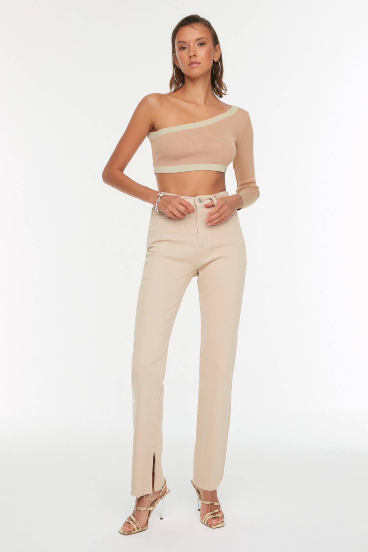 Trendyol Tan Slit High Waist Slim Flare Jeans