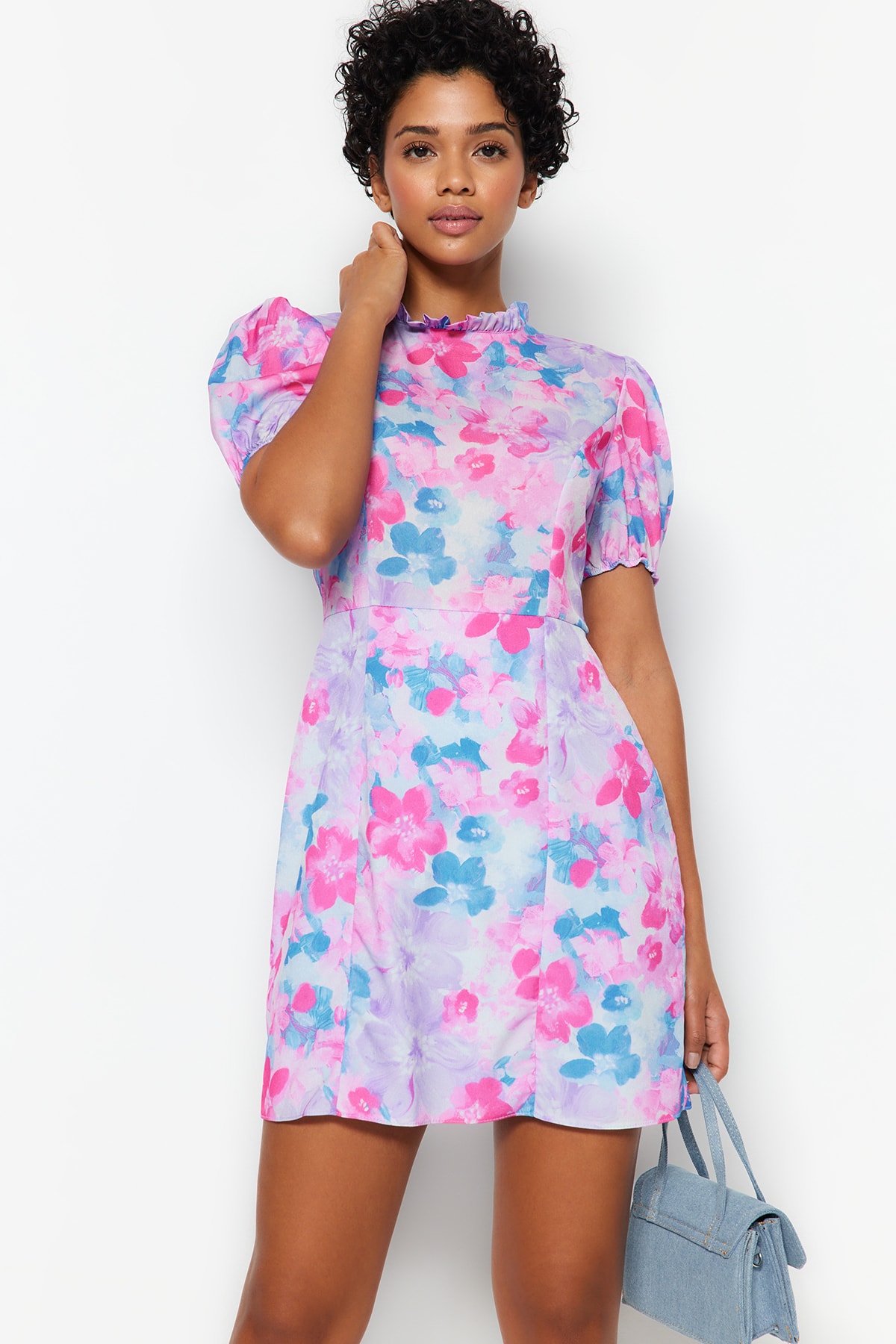 Trendyol Blue High Neck Floral Model Lined Mini Țesut Rochie
