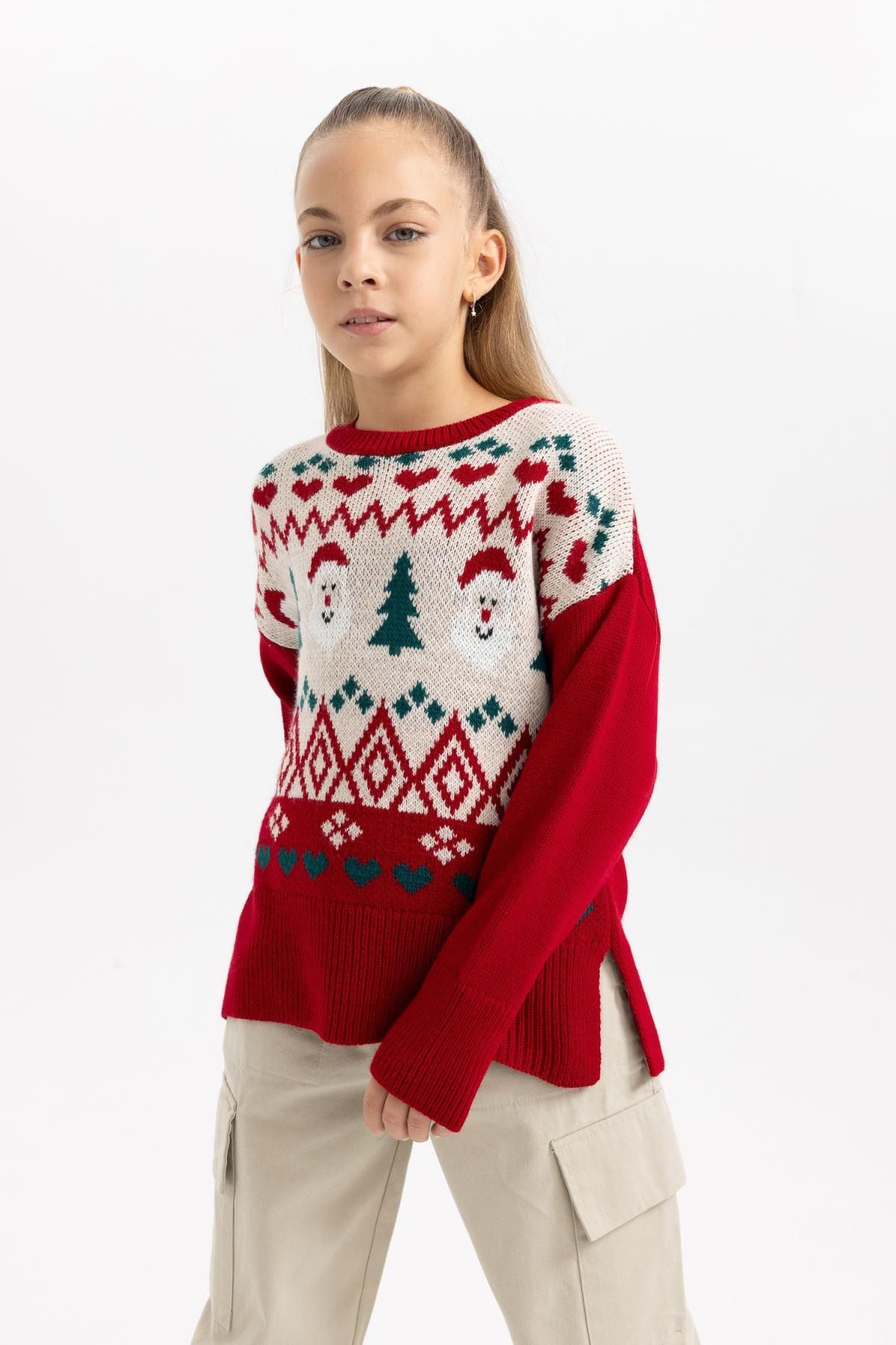 DEFACTO Girl's Christmas Themed Crew Neck Sweater